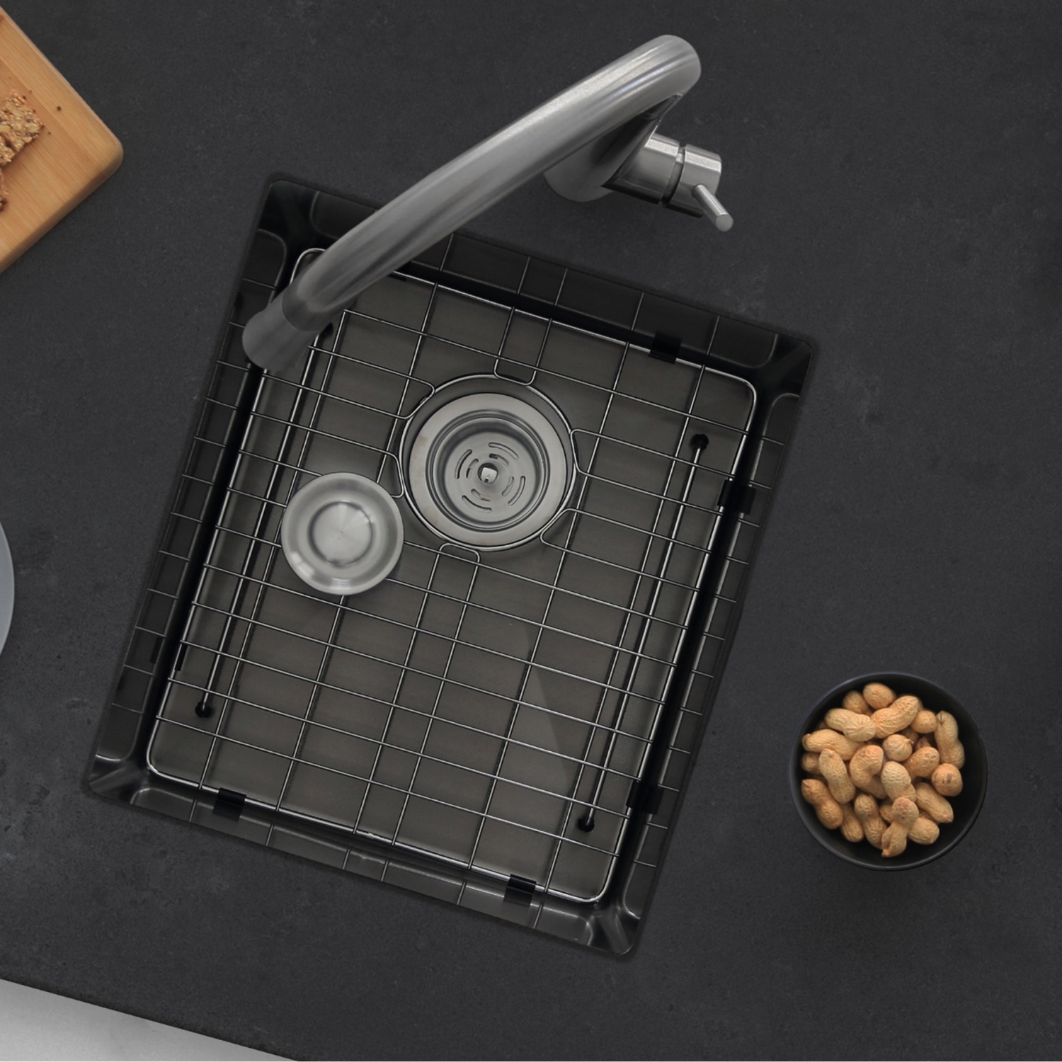 STYLISH 16 inch Graphite Black Single Bowl Undermount Stainless Steel Kitchen Sink with Grid and Basket Strainer