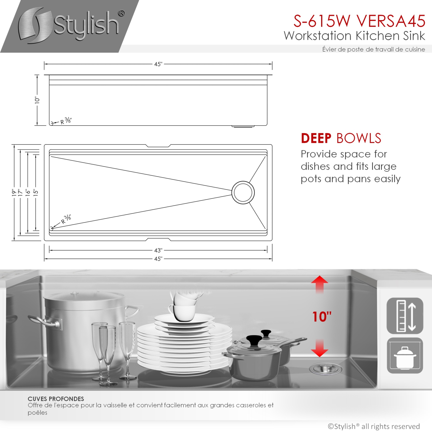 STYLISH 45 inch Ledge Workstation Single Bowl Undermount 16 Gauge Stainless Steel Kitchen Sink with Built in Accessories