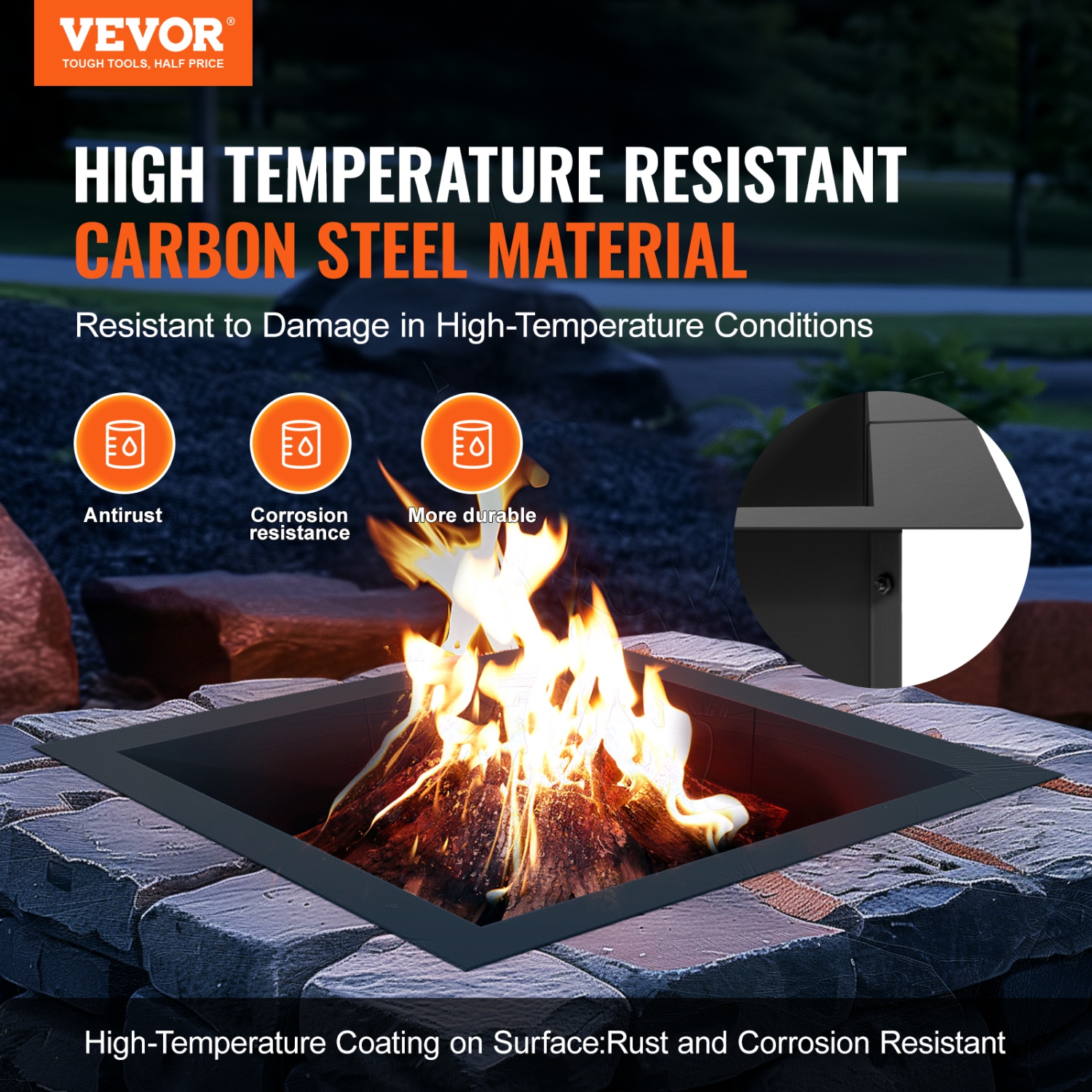 VEVOR 36x36 in Fire Pit Ring, Outer/30x30 in Inner Diameter, 10inch Height Square Fire Pit Insert, Heavy Duty Carbon Steel Liner DIY Campfire Ring