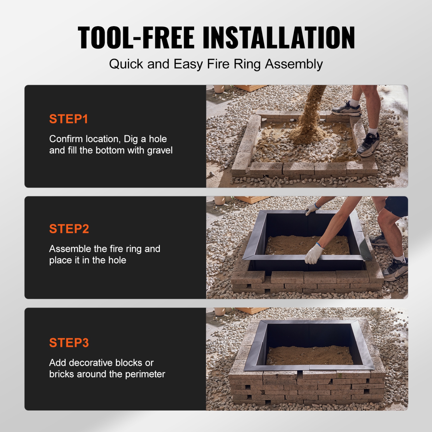 VEVOR 36x36 in Fire Pit Ring, Outer/30x30 in Inner Diameter, 10inch Height Square Fire Pit Insert, Heavy Duty Carbon Steel Liner DIY Campfire Ring