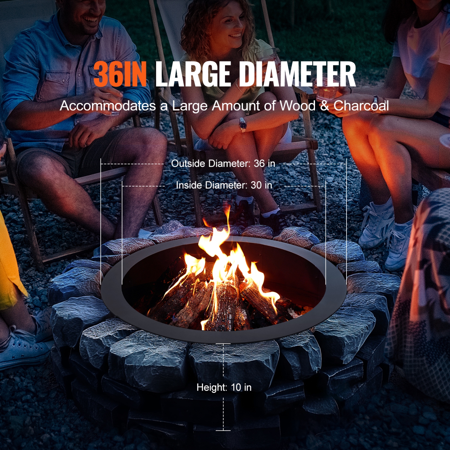 VEVOR 36-Inch Fire Pit Ring, Outer/30-Inch Inner Diameter, 10inch Height 2.5mm Thick Fire Pit Insert, Heavy Duty Carbon Steel Liner DIY Campfire Ring