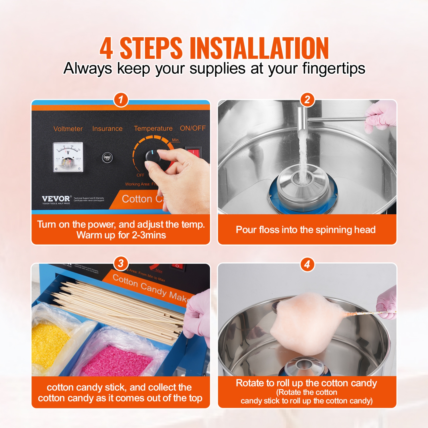 VEVOR 1000W Electric Cotton Candy Machine with Cart, Commercial Candy Floss Maker with Stainless Steel Bowl, Sugar Scoop and Drawer, Perfect for