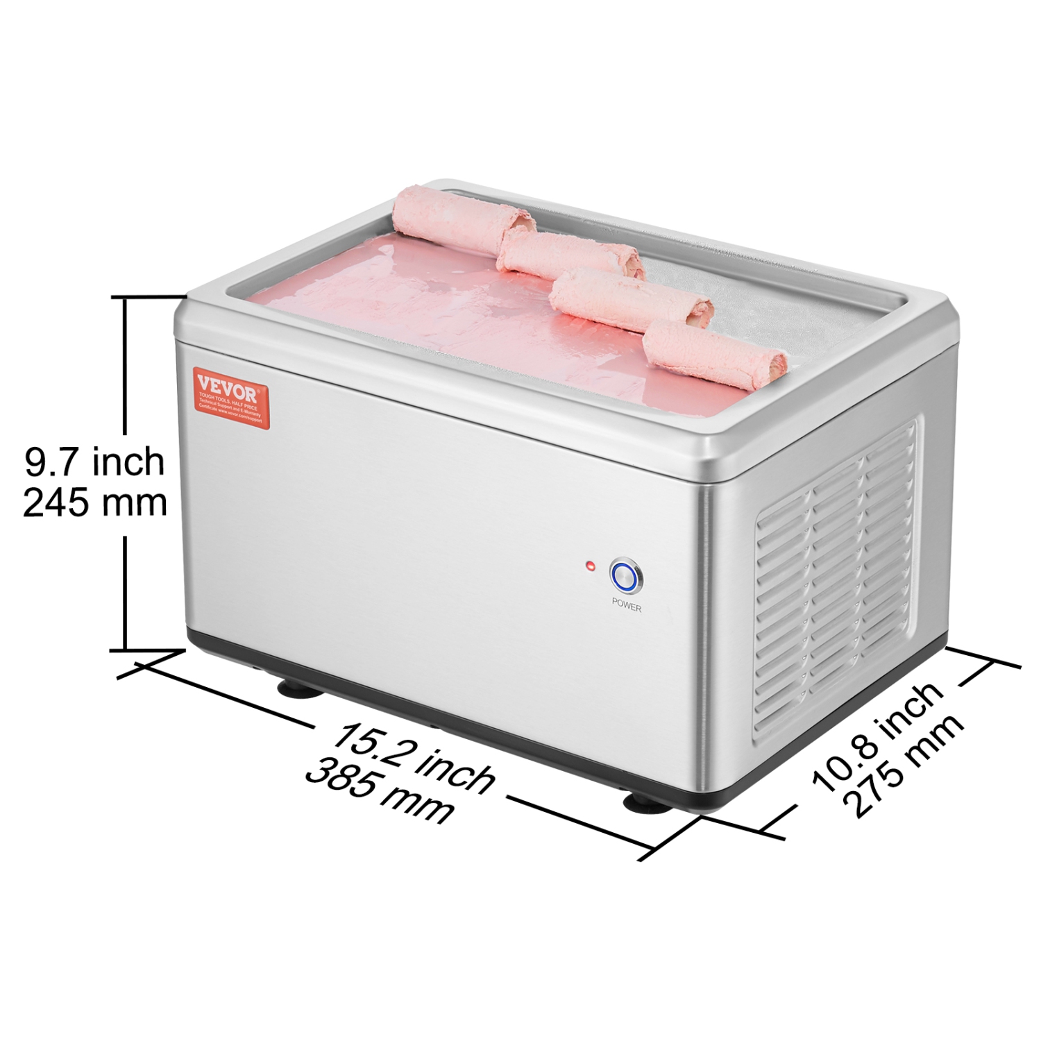 VEVOR 12.6" x 8.5" Fried Ice Cream Roll Machine, Stir-Fried Ice Cream Pan, Stainless Steel Rolled Ice Cream Maker with Compressor and 2 Scrapers, for