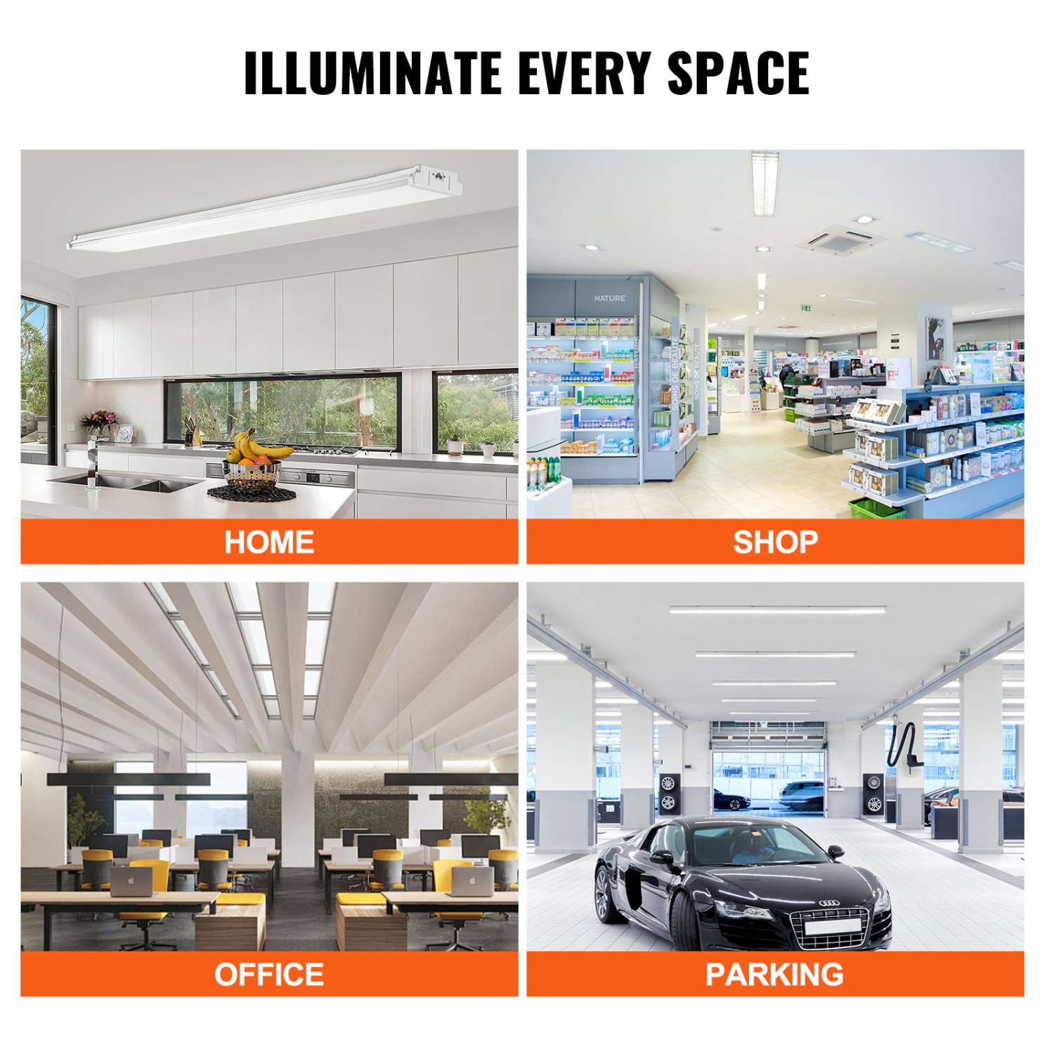 VEVOR 8FT LED Wraparound Light, 110W 10,000LM, Flush Mount LED Shop Light, 4 Pack 6500K Daylight LED Kitchen Ceiling Lighting Fixtures, for Garage
