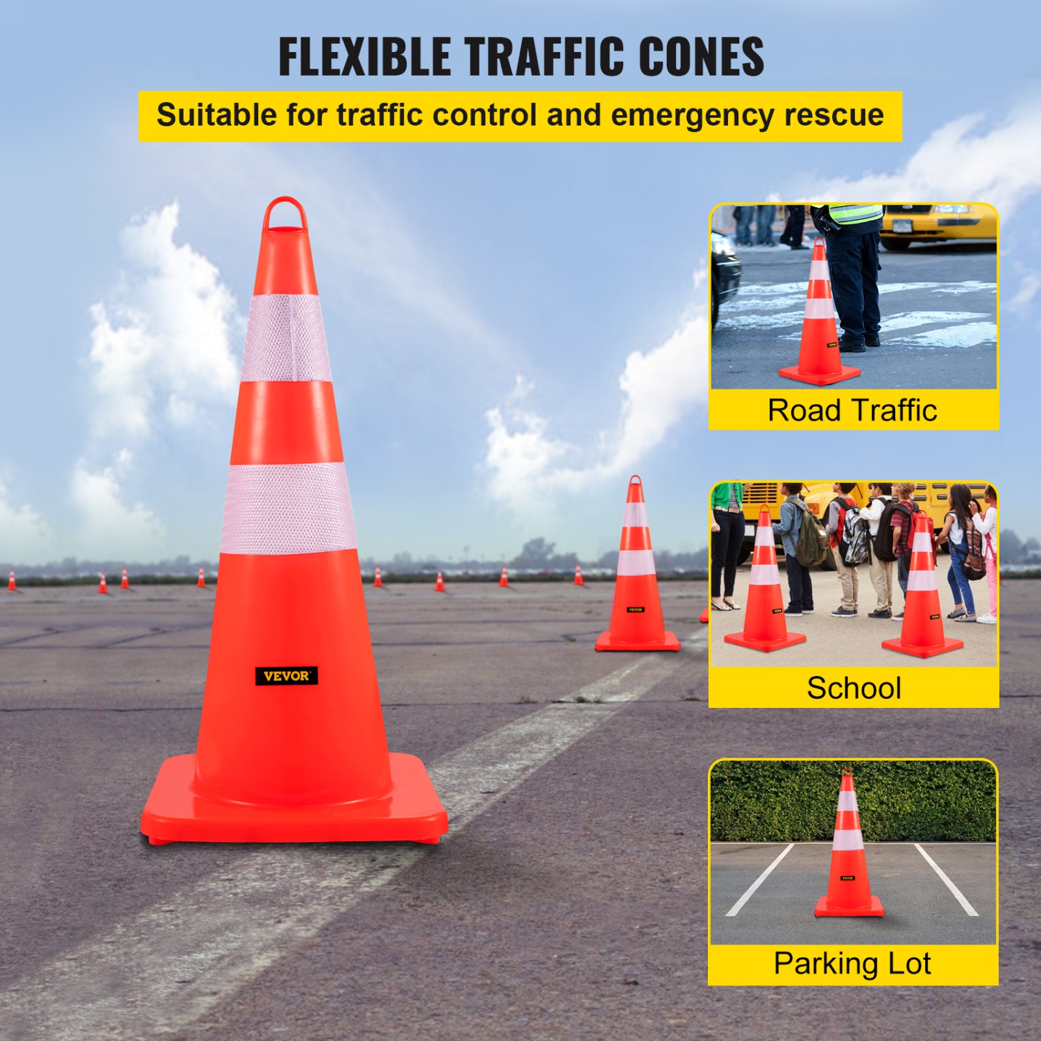 VEVOR 6 x 28"Safety Cones, Traffic Cones, PVC Orange Construction Cones, 2 Reflective Collars Traffic Cones with Weighted Base and Hand-Held Ring
