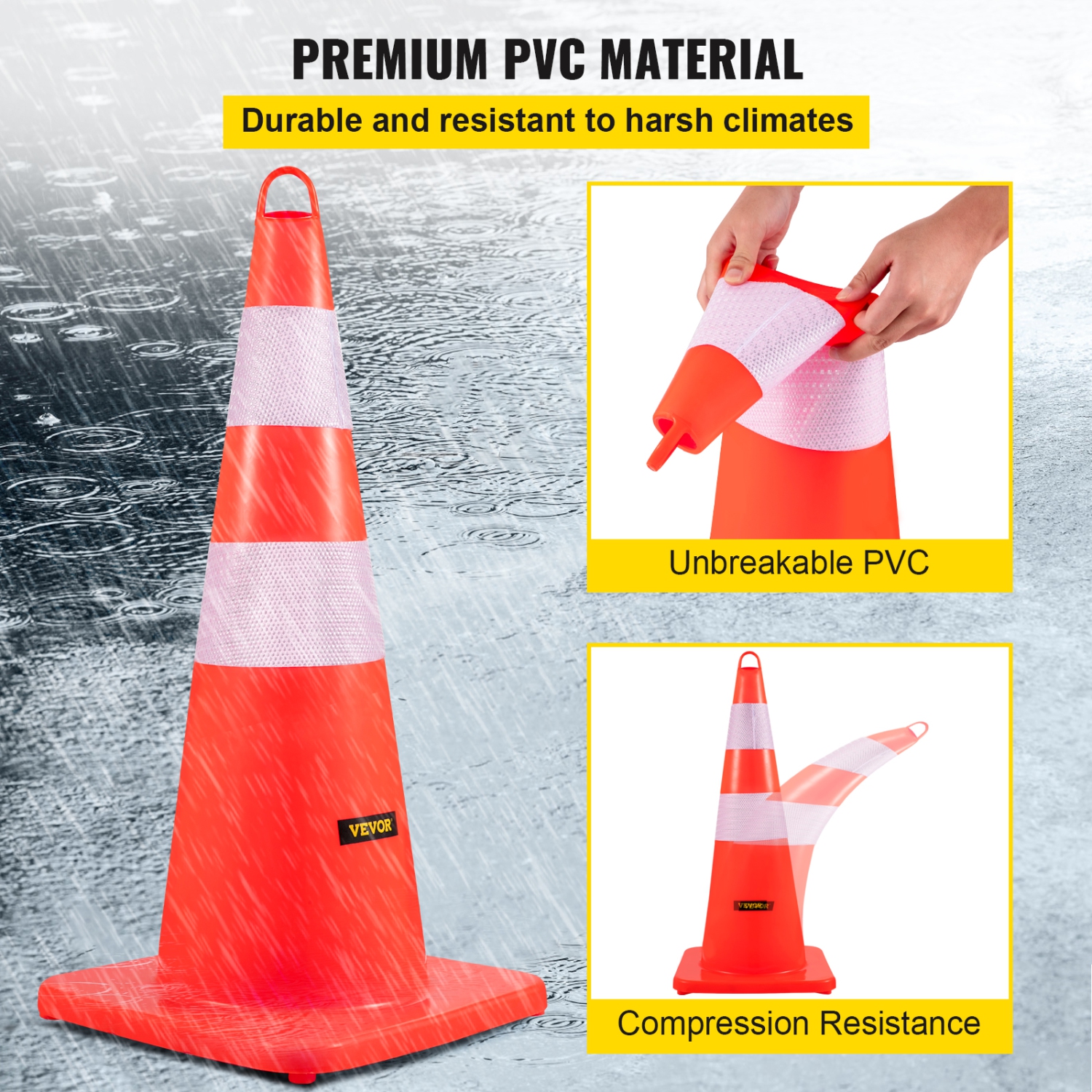 VEVOR 6 x 28"Safety Cones, Traffic Cones, PVC Orange Construction Cones, 2 Reflective Collars Traffic Cones with Weighted Base and Hand-Held Ring