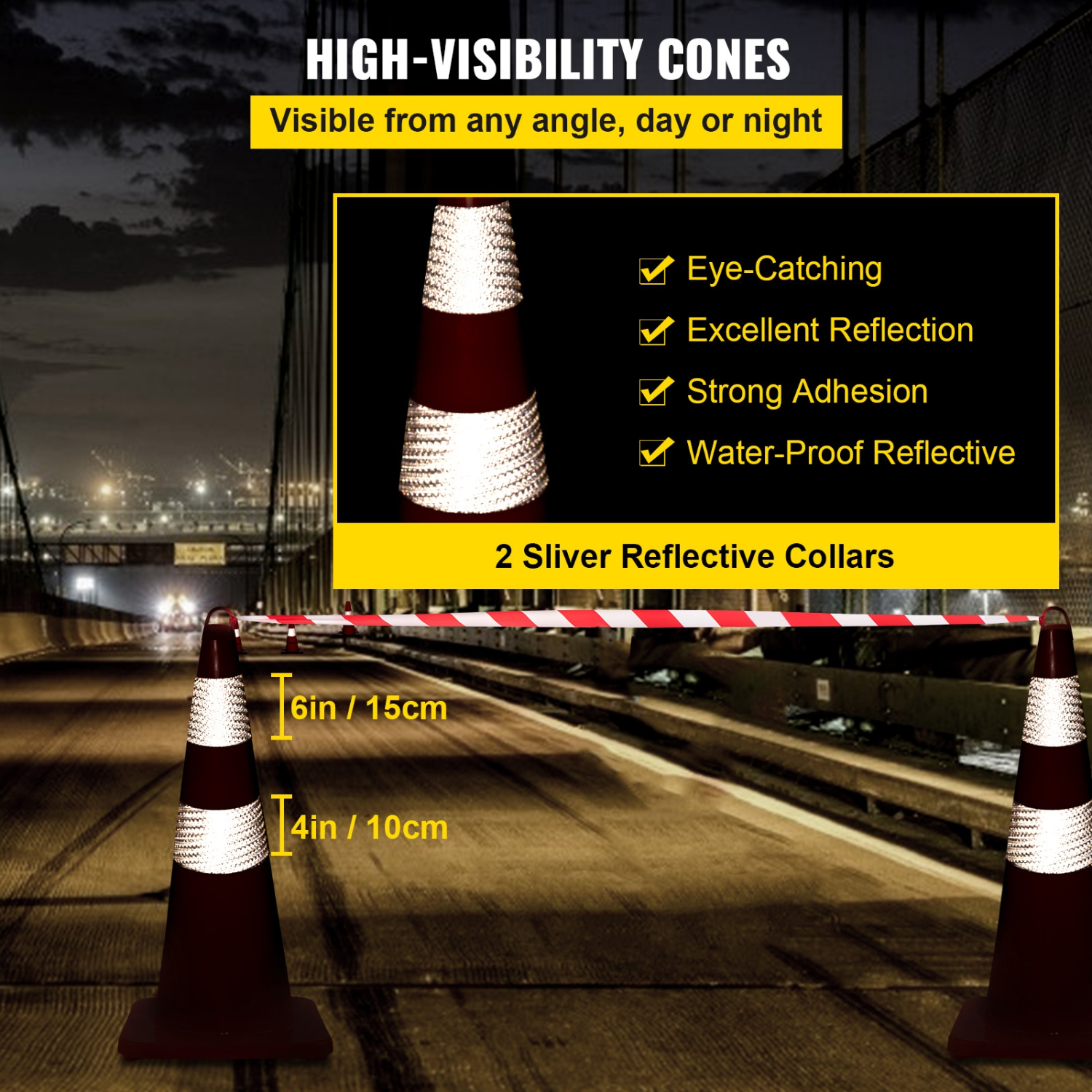 VEVOR 6 x 28"Safety Cones, Traffic Cones, PVC Orange Construction Cones, 2 Reflective Collars Traffic Cones with Weighted Base and Hand-Held Ring