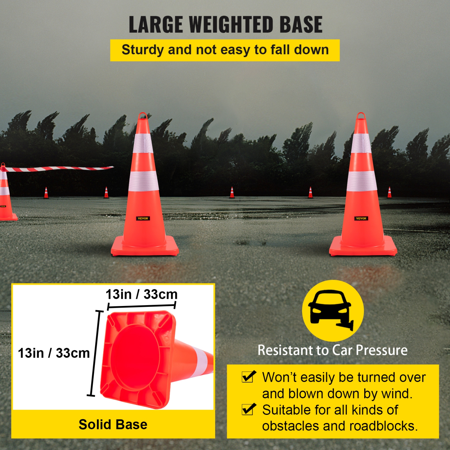 VEVOR 6 x 28"Safety Cones, Traffic Cones, PVC Orange Construction Cones, 2 Reflective Collars Traffic Cones with Weighted Base and Hand-Held Ring