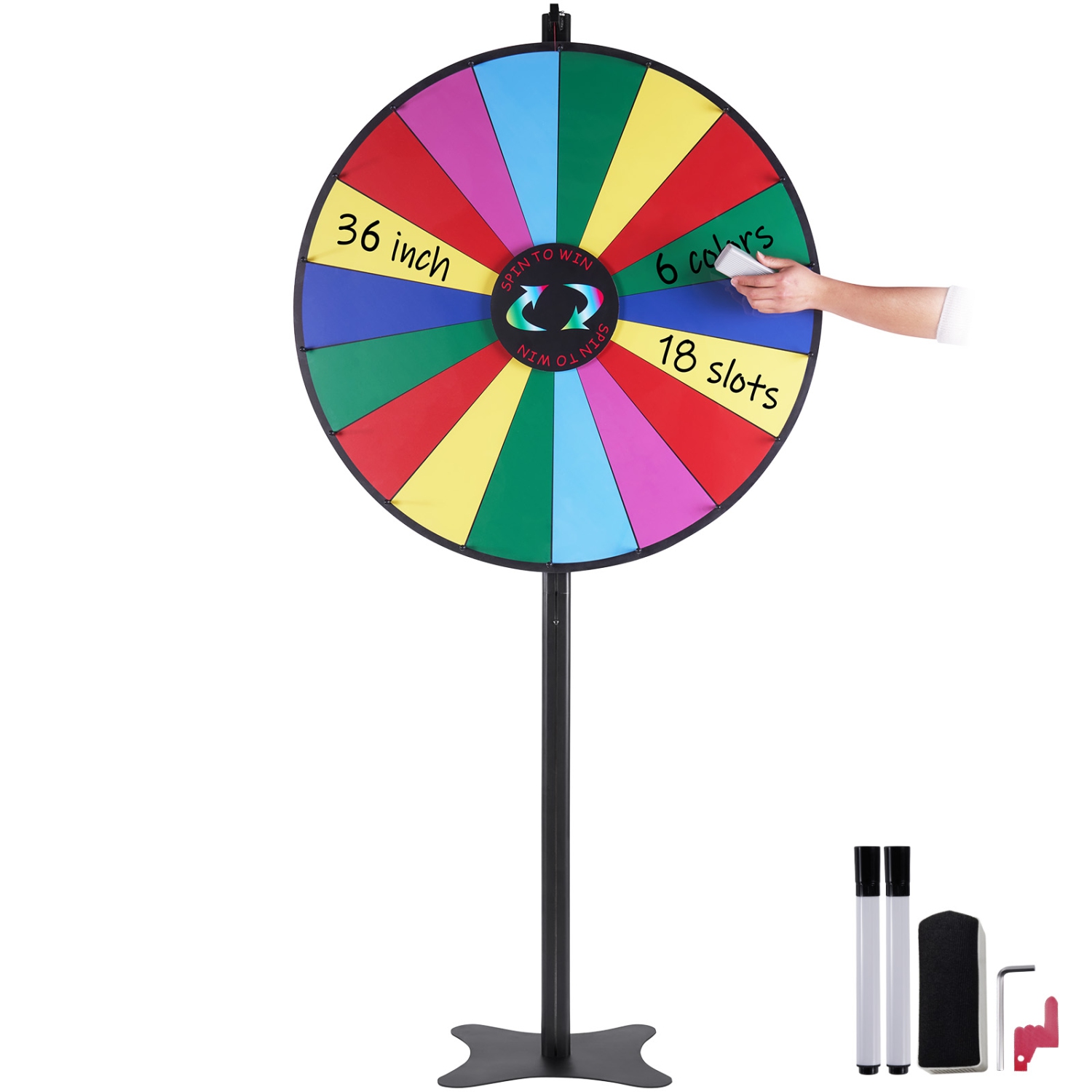 Roue de prix rotative VEVOR 36&nbsp;po, 18 fentes, roulette à effacement à sec et 2 marqueurs, jeux de table ou de plancher pour gagner des tournois