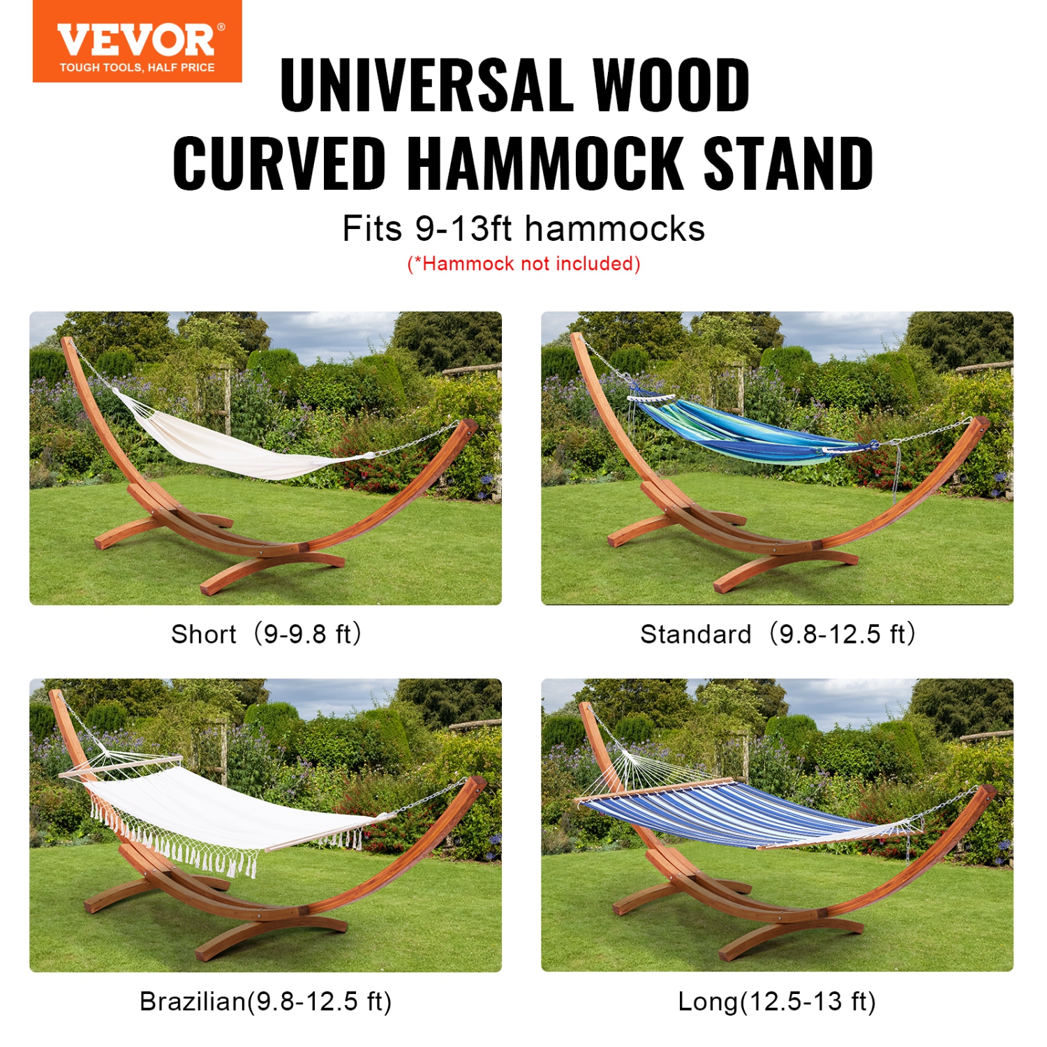 VEVOR 475 lbs Wooden Hammock Stand, Universal 2 Person Hammock Frame Fits 9-13 ft Hammocks, Larch Wood Arc Adjustable Stand for Hammock with Chain