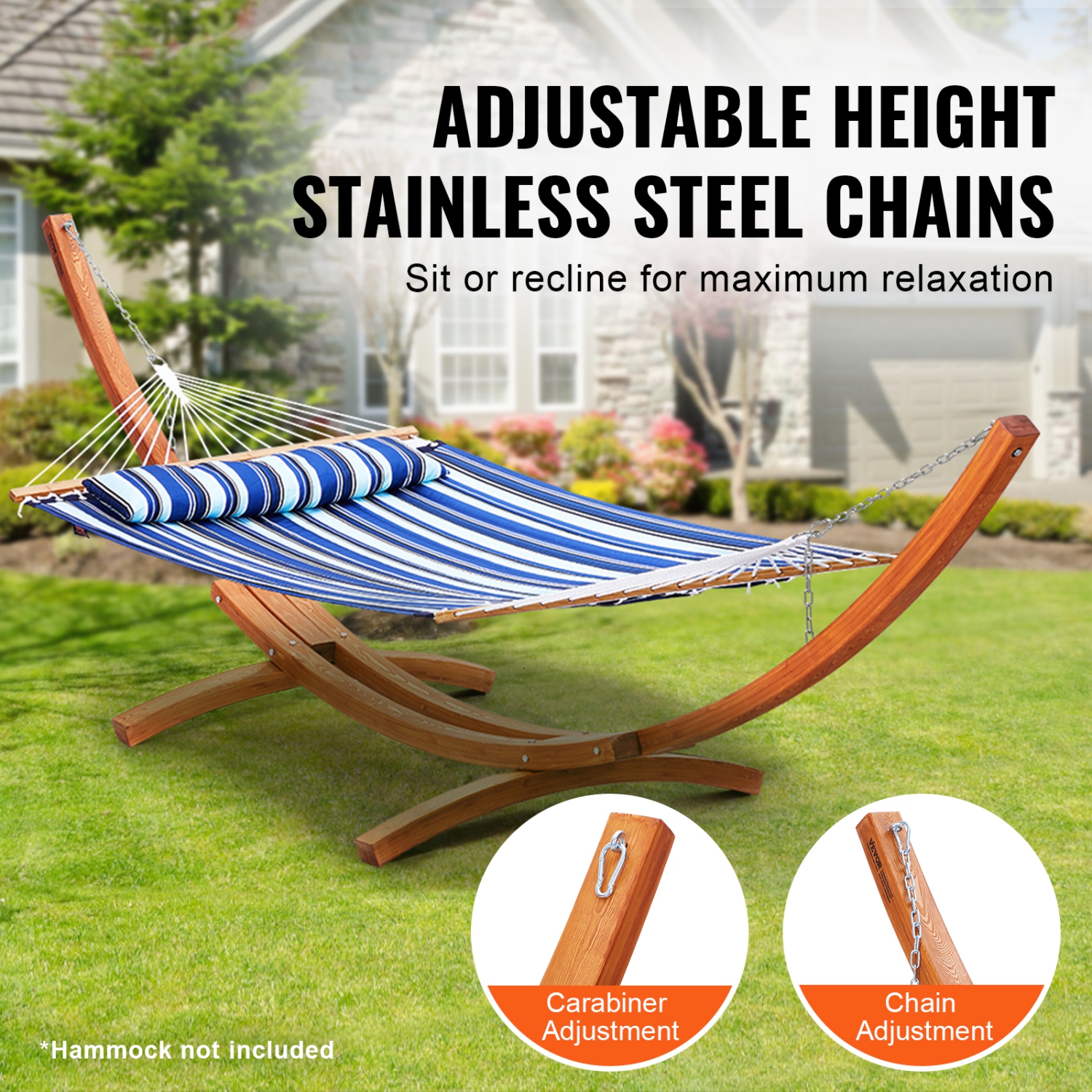 VEVOR 475 lbs Wooden Hammock Stand, Universal 2 Person Hammock Frame Fits 9-13 ft Hammocks, Larch Wood Arc Adjustable Stand for Hammock with Chain