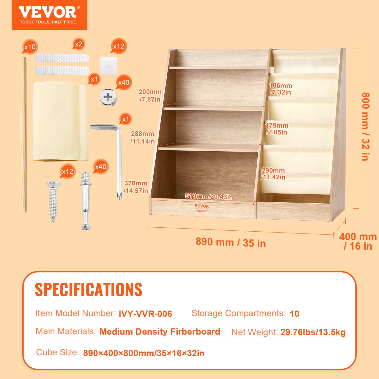 VEVOR 4-Tier Kids Wooden Bookshelf, Six-Layer Sling Bookcase, Baby Storage Book Rack, Book Toy Organizer Cabinet, for Kids Room, Playroom,