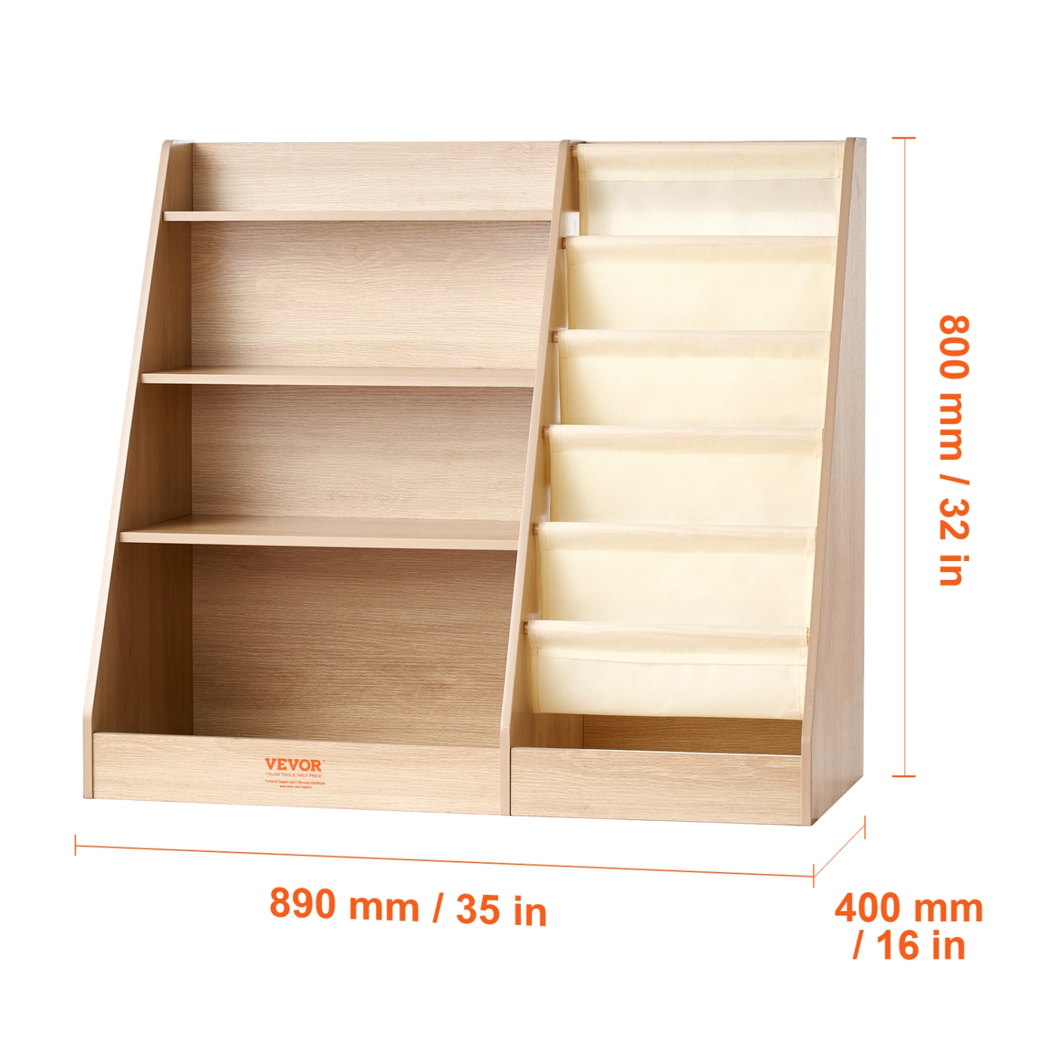 VEVOR 4-Tier Kids Wooden Bookshelf, Six-Layer Sling Bookcase, Baby Storage Book Rack, Book Toy Organizer Cabinet, for Kids Room, Playroom,