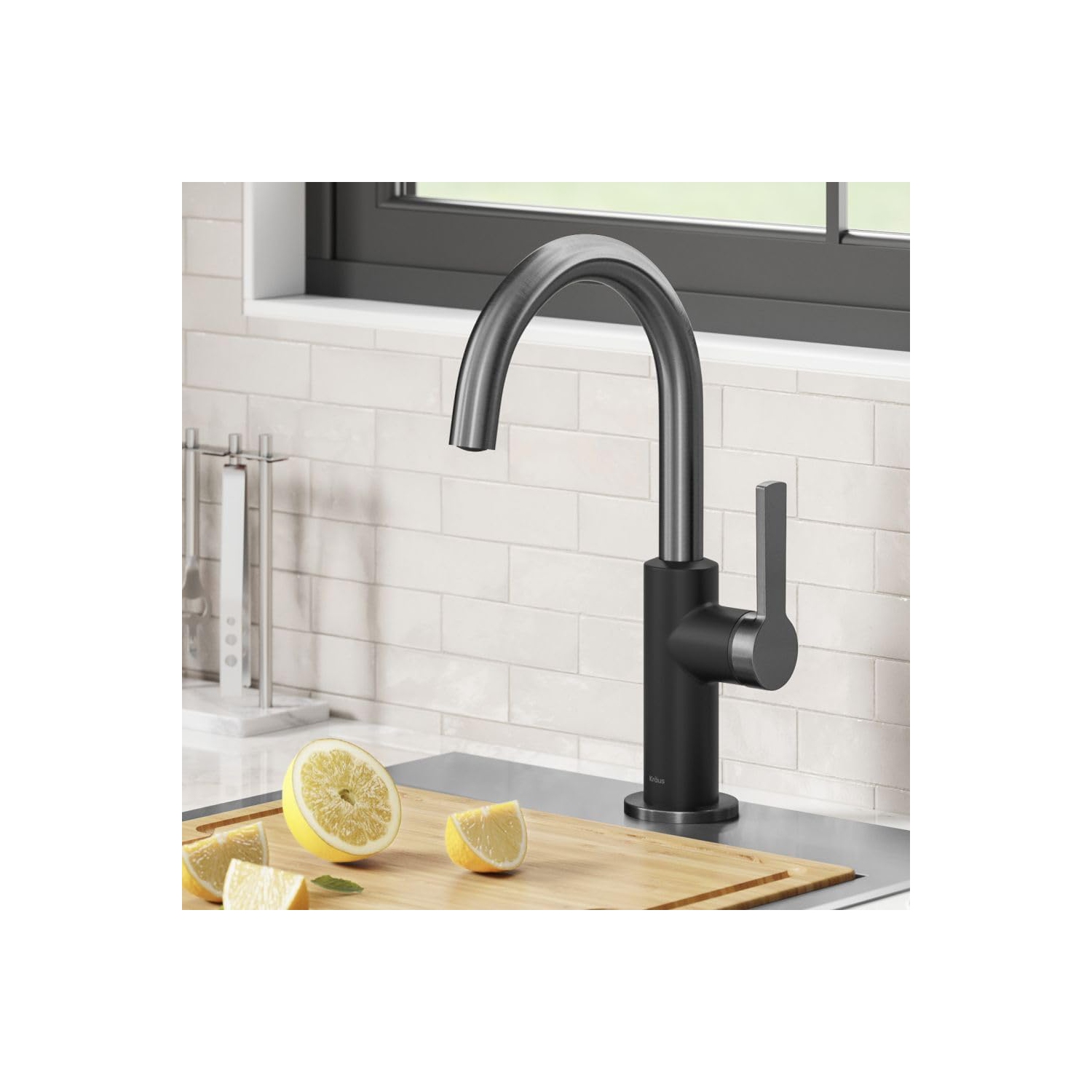 KRAUS Oletto Single Handle Kitchen Bar Faucet in Matte Black/Spot Free Black Stainless, KPF-2822MBSFSB