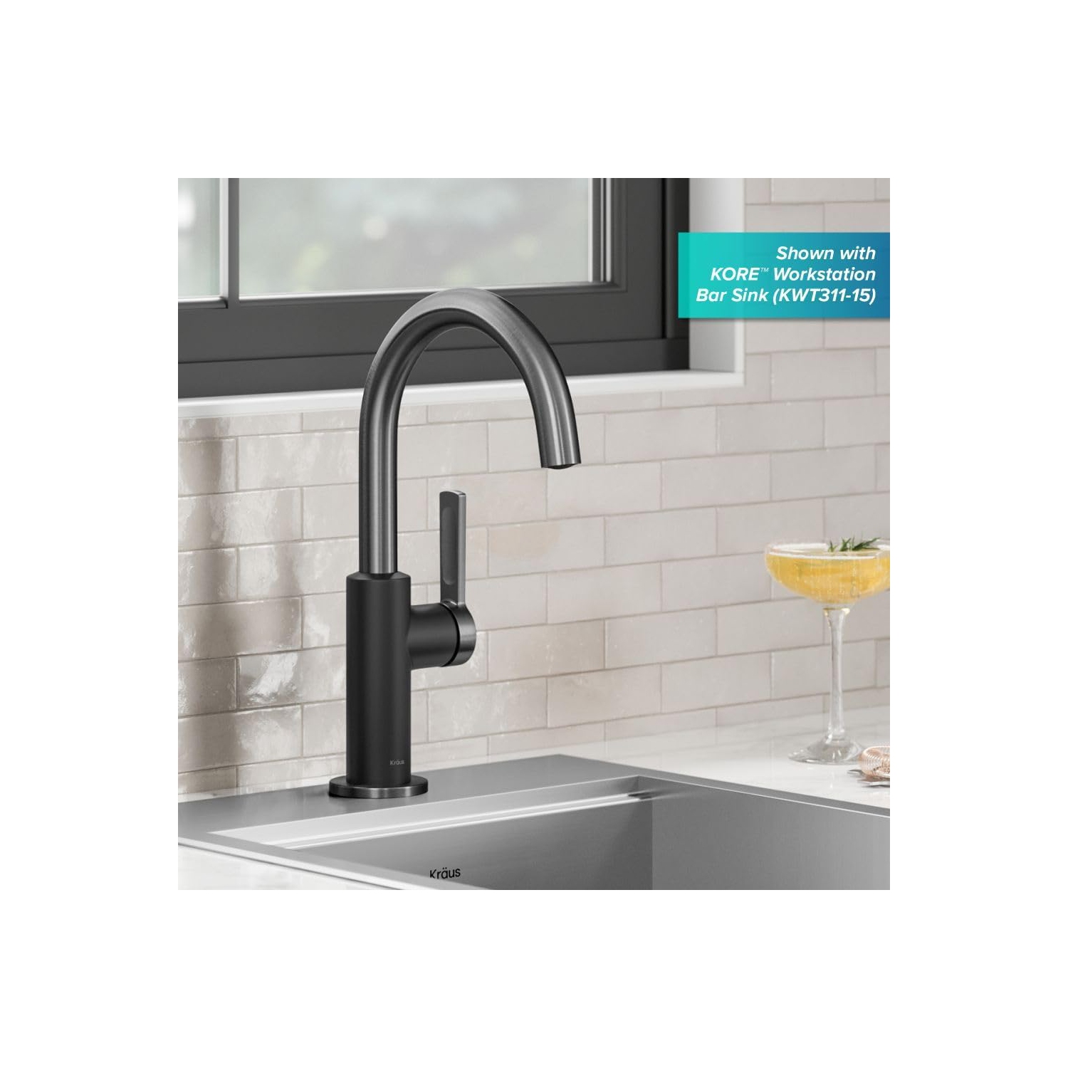 KRAUS Oletto Single Handle Kitchen Bar Faucet in Matte Black/Spot Free Black Stainless, KPF-2822MBSFSB
