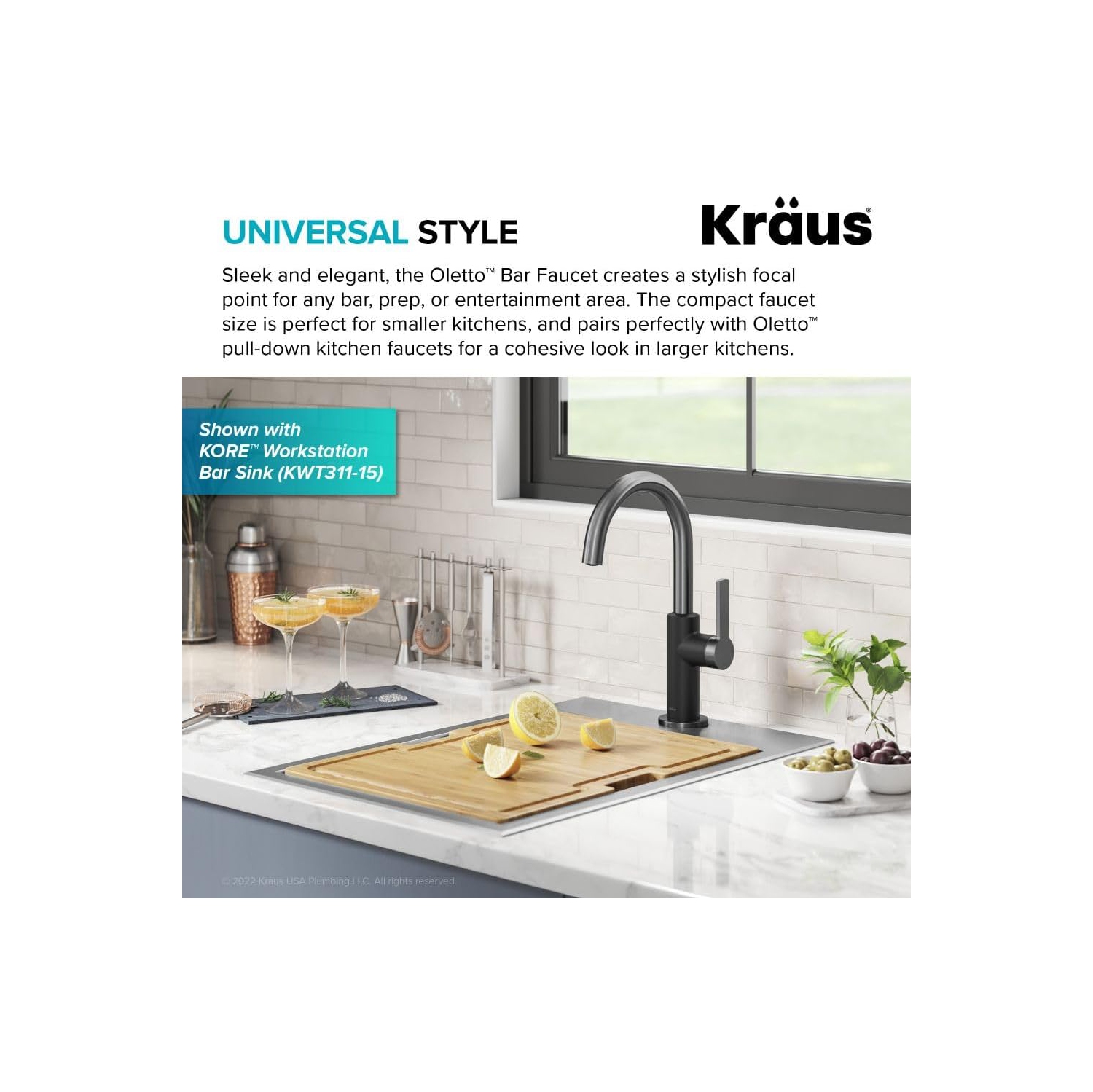 KRAUS Oletto Single Handle Kitchen Bar Faucet in Matte Black/Spot Free Black Stainless, KPF-2822MBSFSB