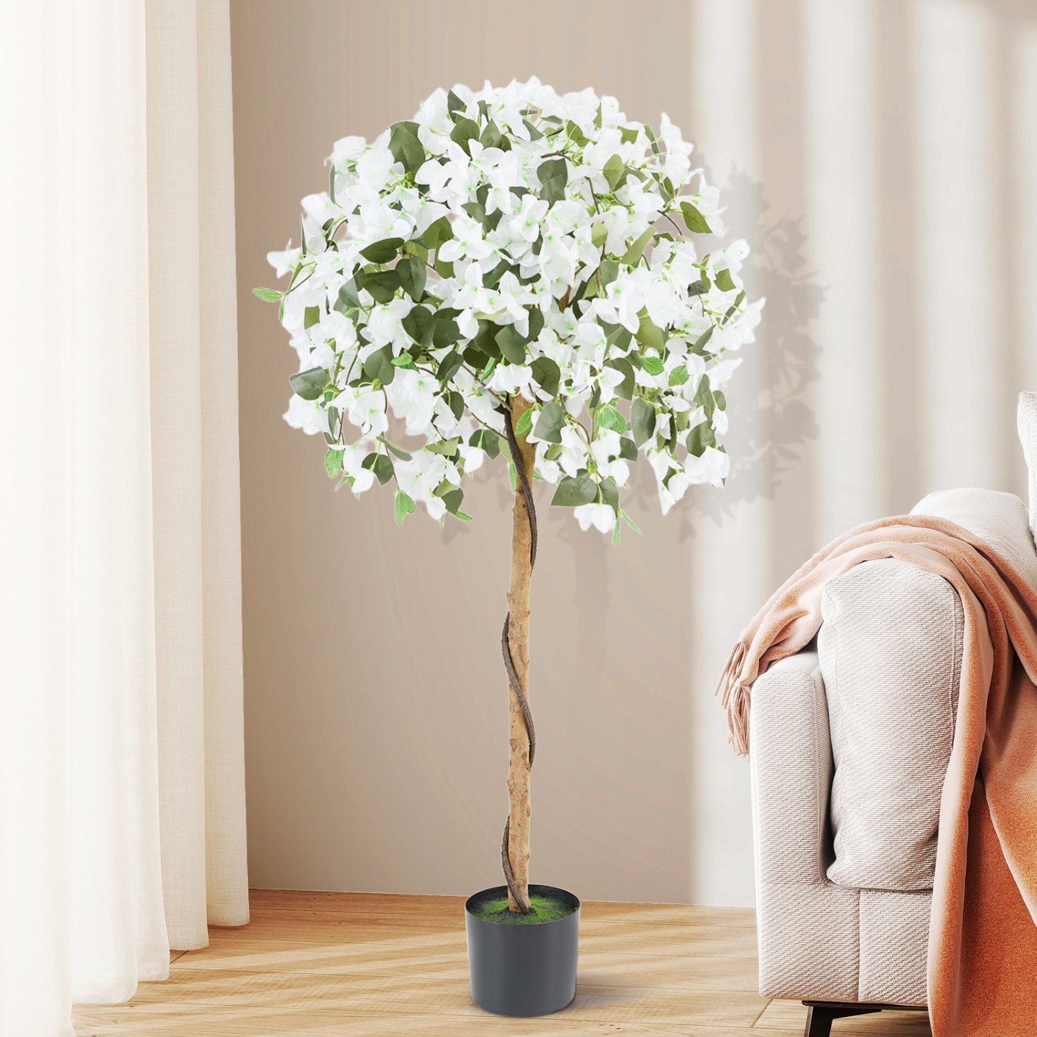 Gymax 53'' Artificial Azalea Tree Faux Floral Plant w/ Red Azalea Flowers Nursery Pot