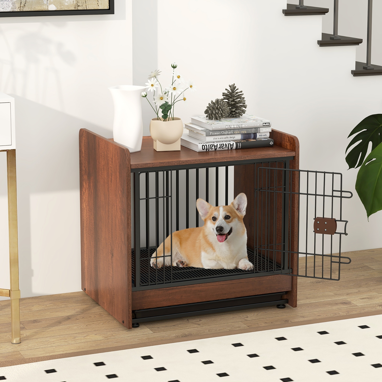 Gymax Dog Cage Furniture w/Removable Tray & Lockable Door Adjustable Foot Pads