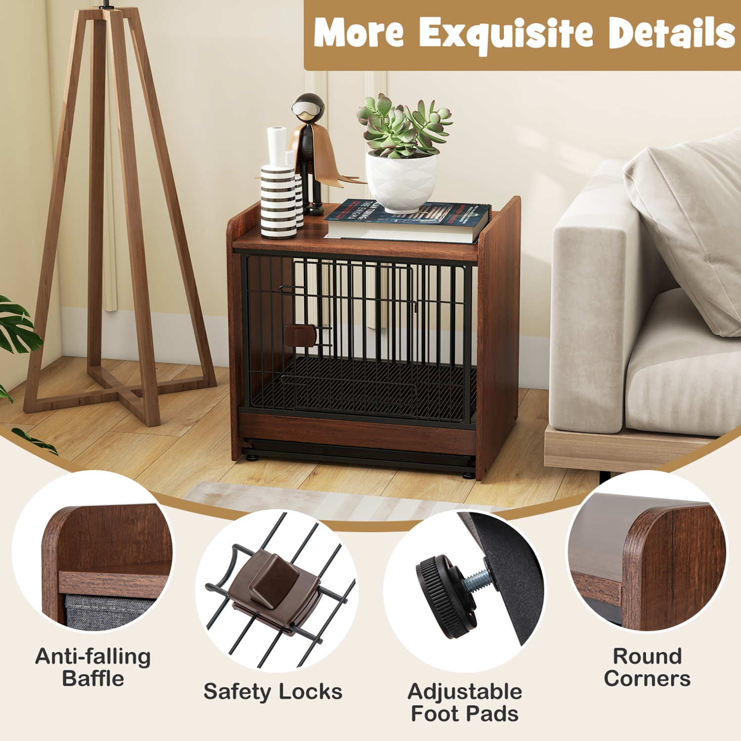 Gymax Dog Cage Furniture w/Removable Tray & Lockable Door Adjustable Foot Pads