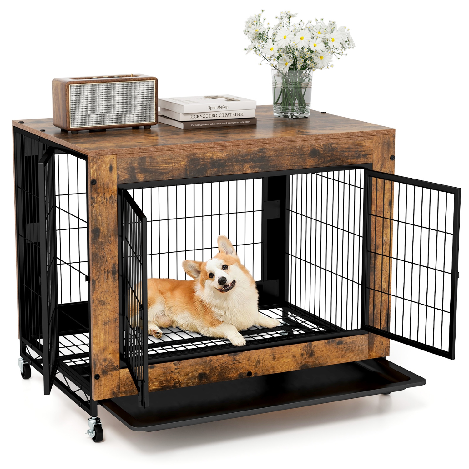 Gymax Dog Crate Furniture Industrial Dog Kennel w/ Flip-up Top Decorative Pet House
