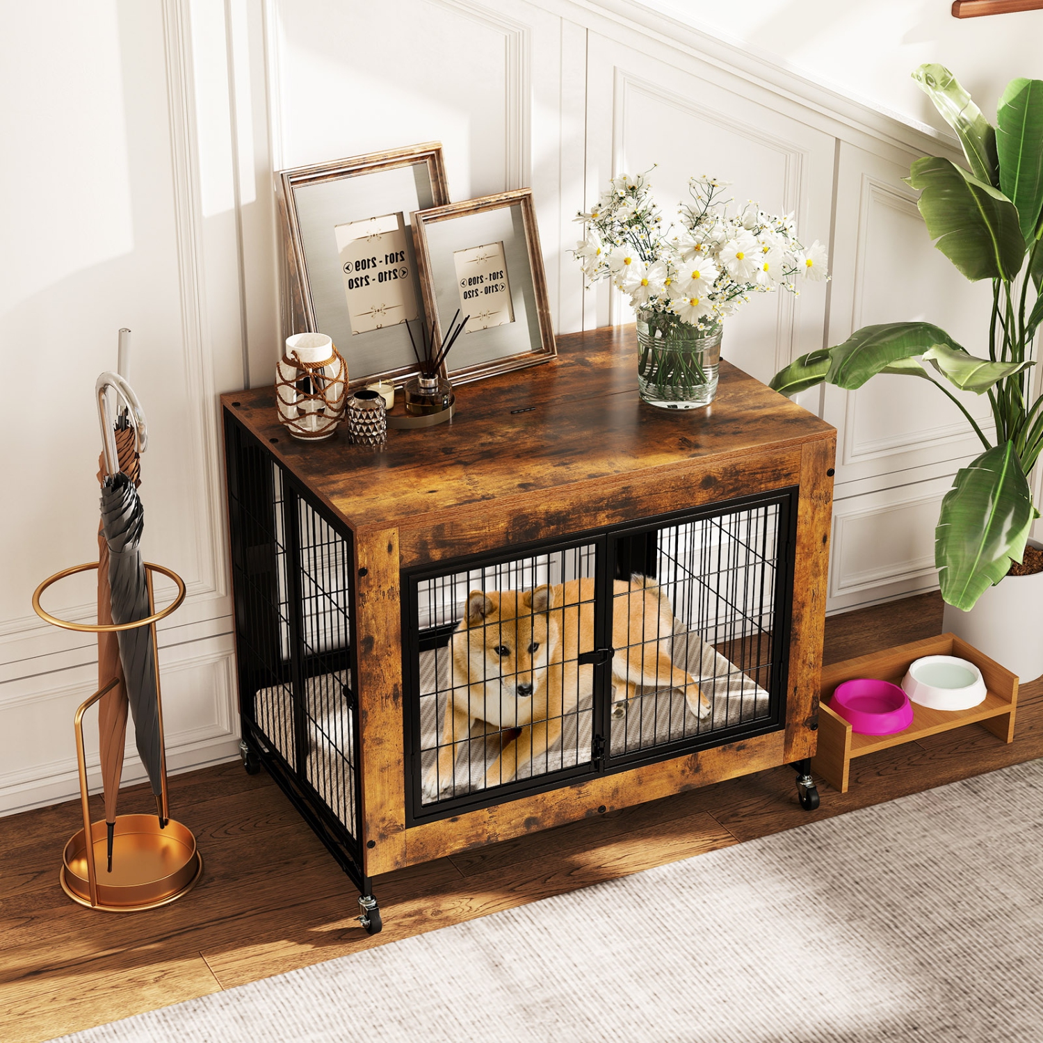 Gymax Dog Crate Furniture Industrial Dog Kennel w/ Flip-up Top Decorative Pet House