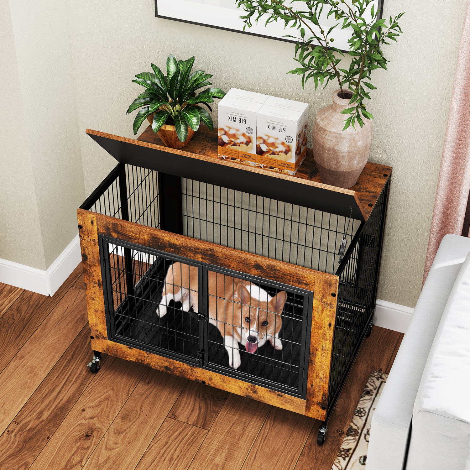Gymax Dog Crate Furniture Industrial Dog Kennel w/ Flip-up Top Decorative Pet House