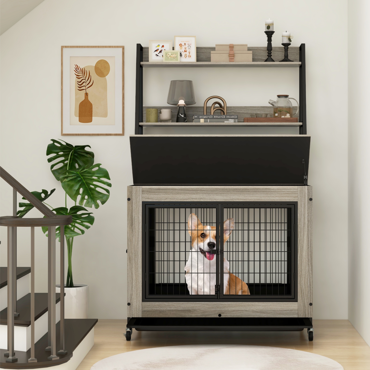 Gymax Dog Crate Furniture w/ Storage Shelves Industrial Dog Kennel w/ Flip-up Top