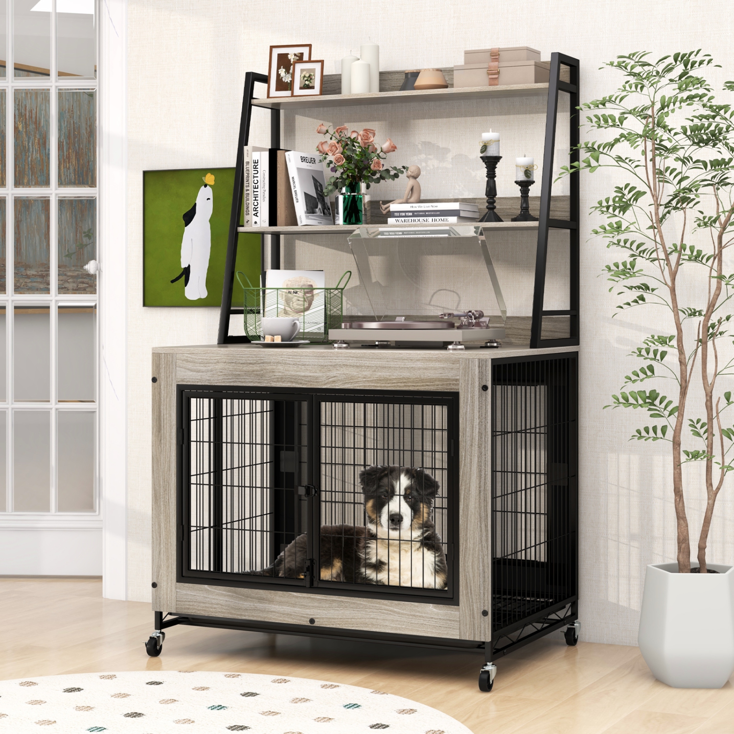 Gymax Dog Crate Furniture w/ Storage Shelves Industrial Dog Kennel w/ Flip-up Top