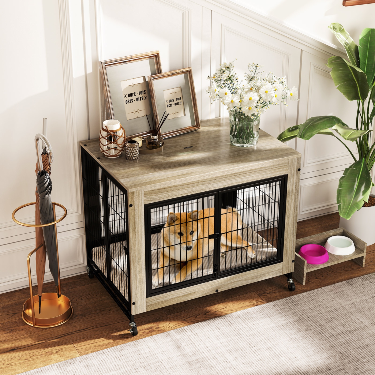 Gymax Dog Crate Furniture Industrial Dog Kennel w/ Flip-up Top Decorative Pet House