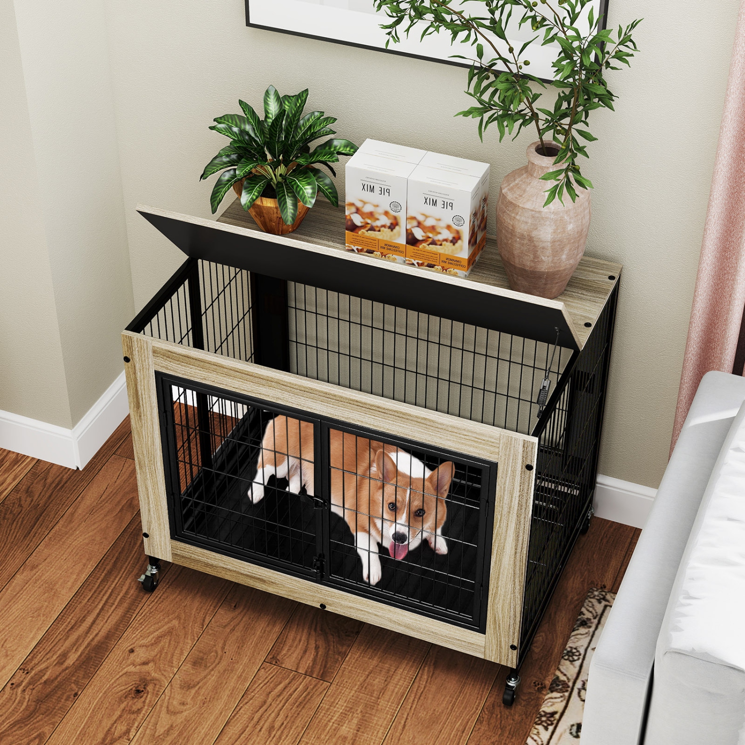 Gymax Dog Crate Furniture Industrial Dog Kennel w/ Flip-up Top Decorative Pet House