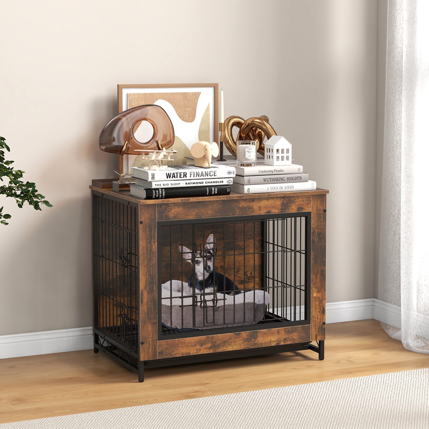 Gymax Industrial Dog Crate Furniture Heavy-duty Kennel Cage w/ 3 Chew-proof Walls Small