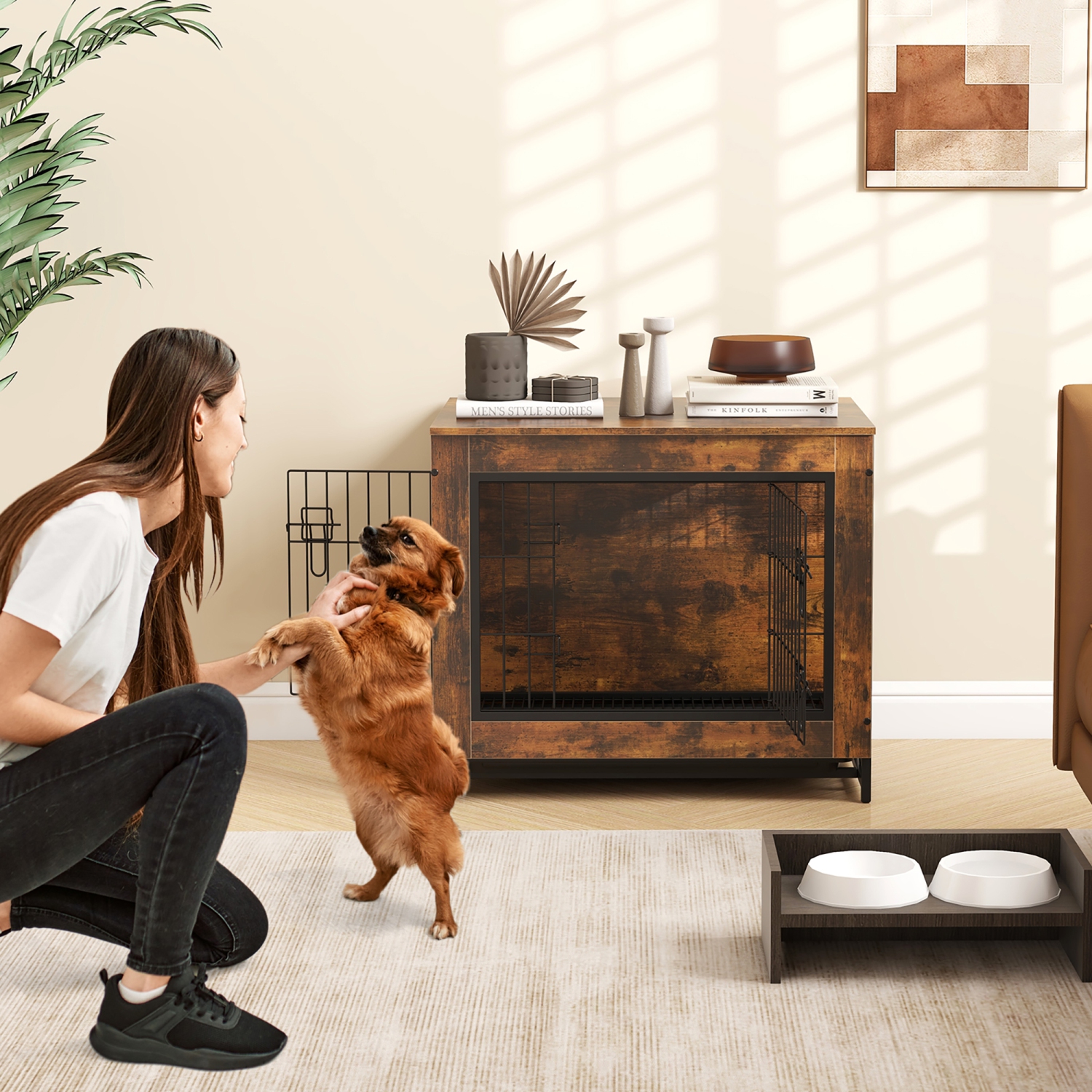 Gymax Industrial Dog Crate Furniture Heavy-duty Kennel Cage w/ 3 Chew-proof Walls Small