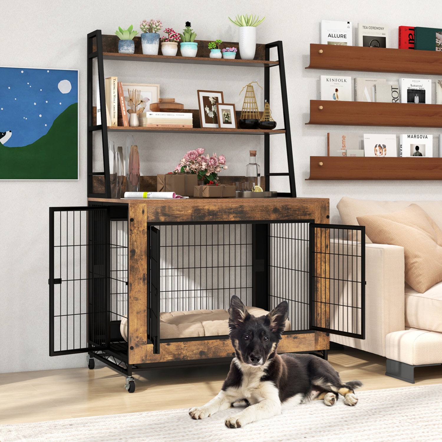 Gymax Dog Crate Furniture w/ Storage Shelves Industrial Dog Kennel w/ Flip-up Top