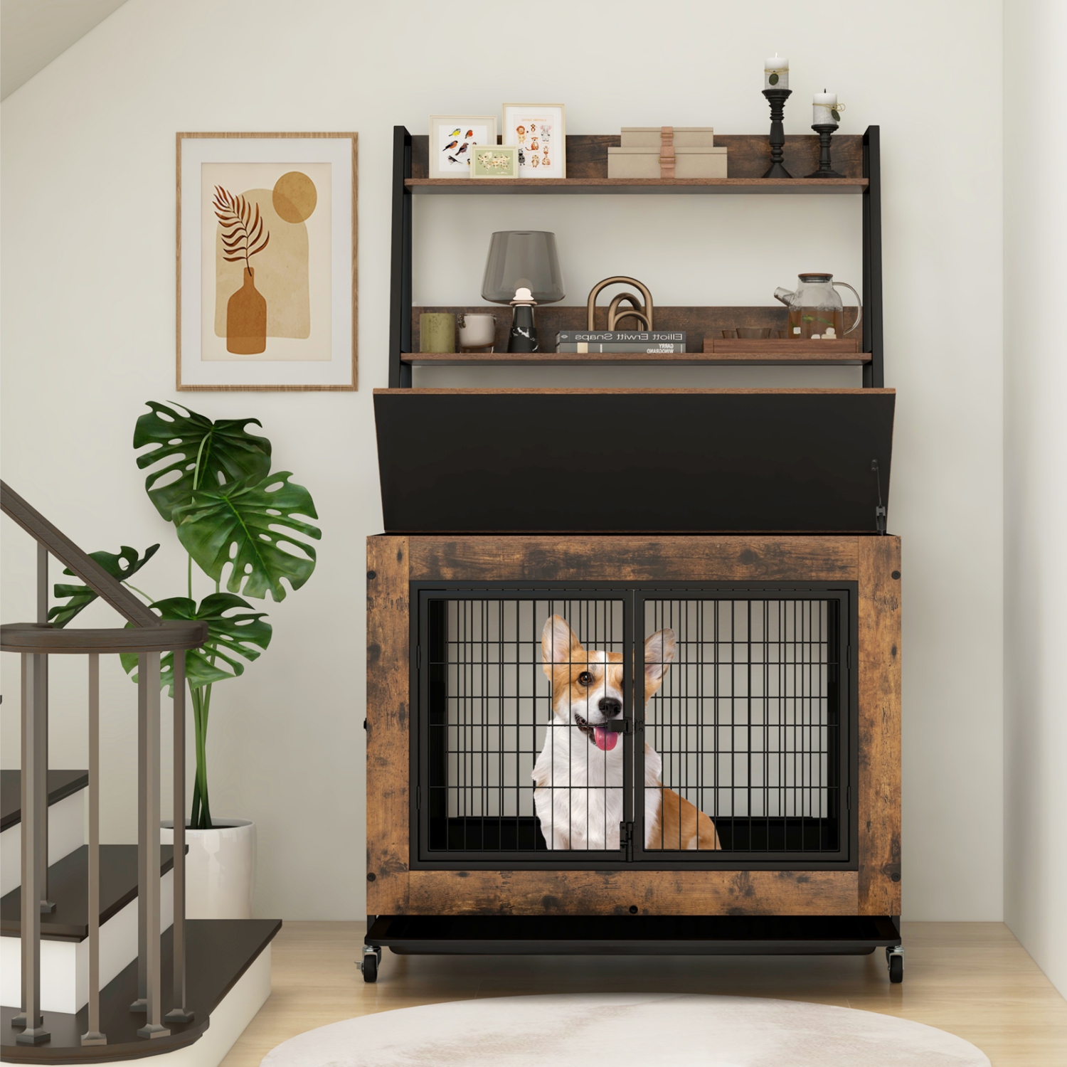 Gymax Dog Crate Furniture w/ Storage Shelves Industrial Dog Kennel w/ Flip-up Top