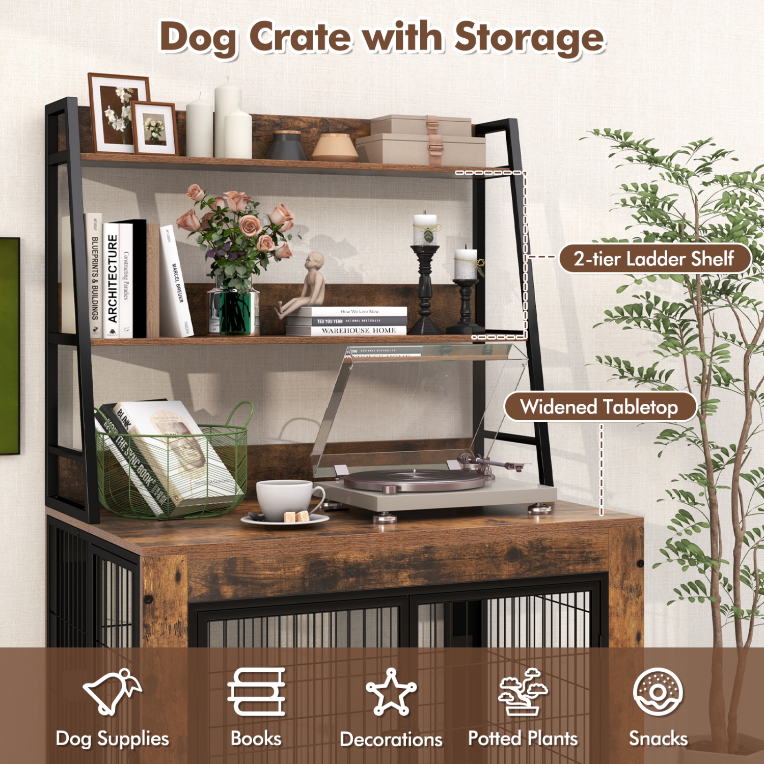 Gymax Dog Crate Furniture w/ Storage Shelves Industrial Dog Kennel w/ Flip-up Top