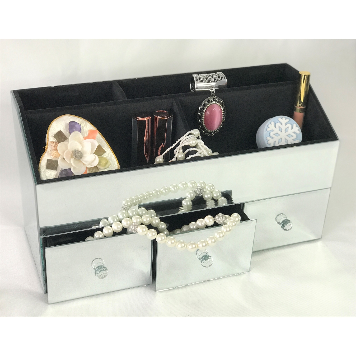 Range-bijoux avec miroir, 3 tiroirs et 5 compartiments