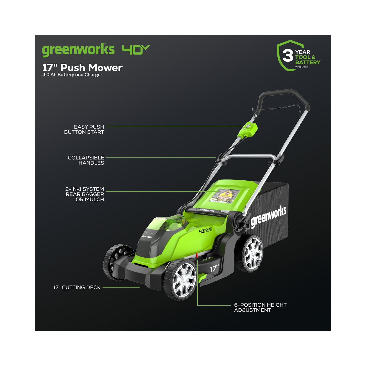 Greenworks 40V 17" Cordless Push Lawn Mower, 4.0 AH Battery and Charger Included [75+ Compatible Tools]