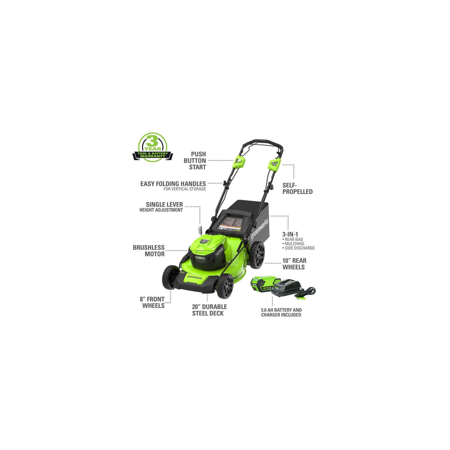 Greenworks 40V 20" Brushless Cordless Self-Propelled Lawn Mower, 5.0 AH Battery and Charger Included [75+ Compatible Tools]