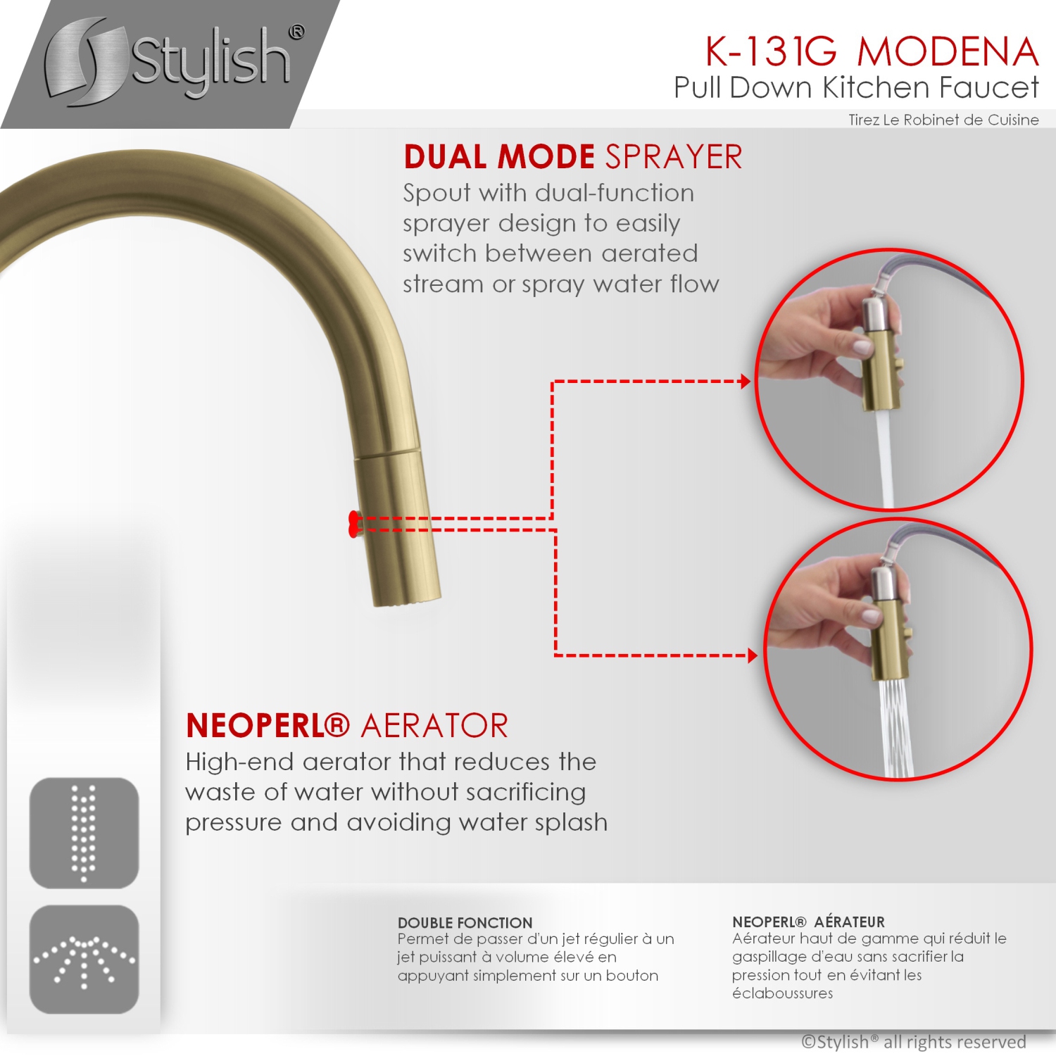 STYLISH Pull Down Kitchen Faucet + Soap Dispenser - Brushed Gold Finish