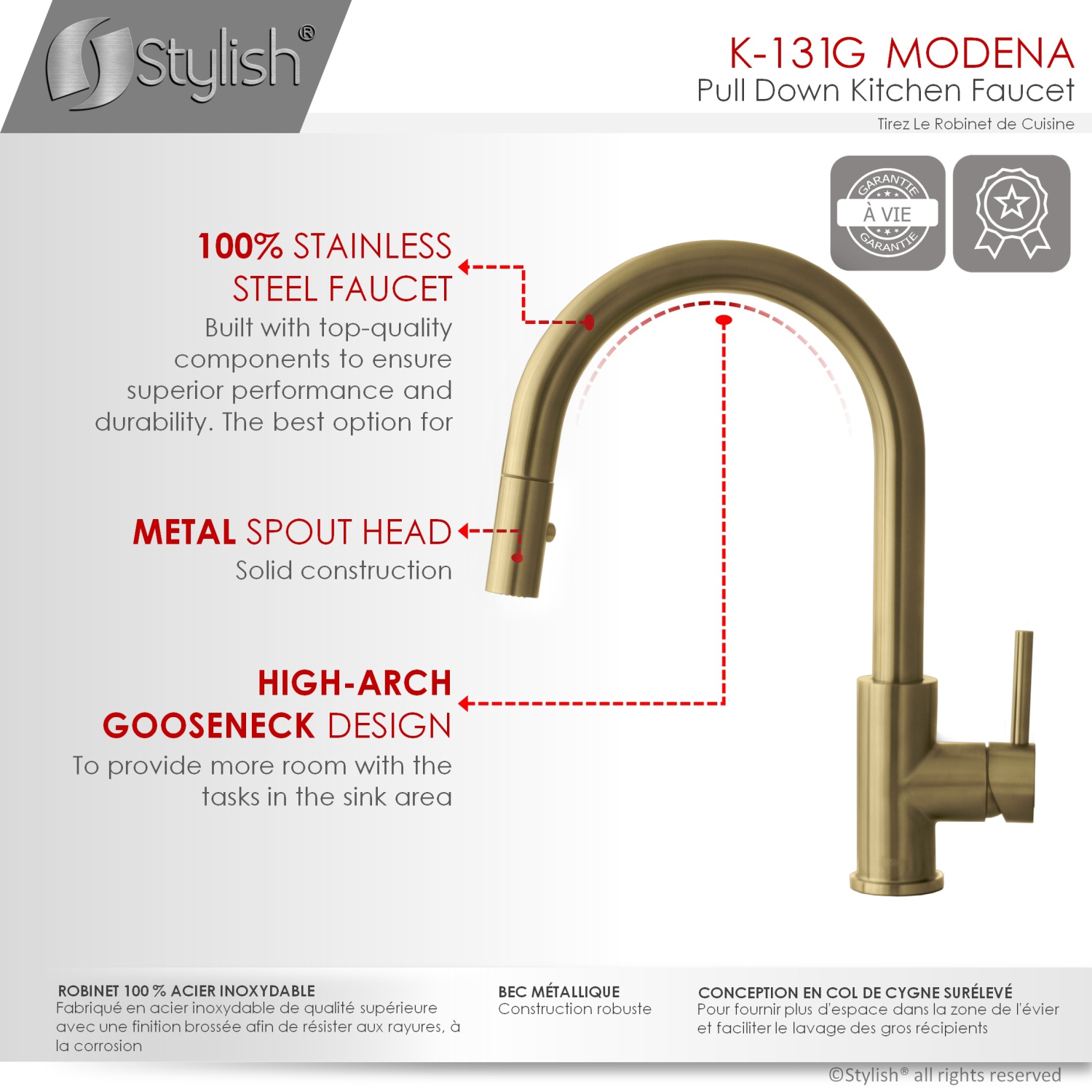 STYLISH Pull Down Kitchen Faucet + Soap Dispenser - Brushed Gold Finish