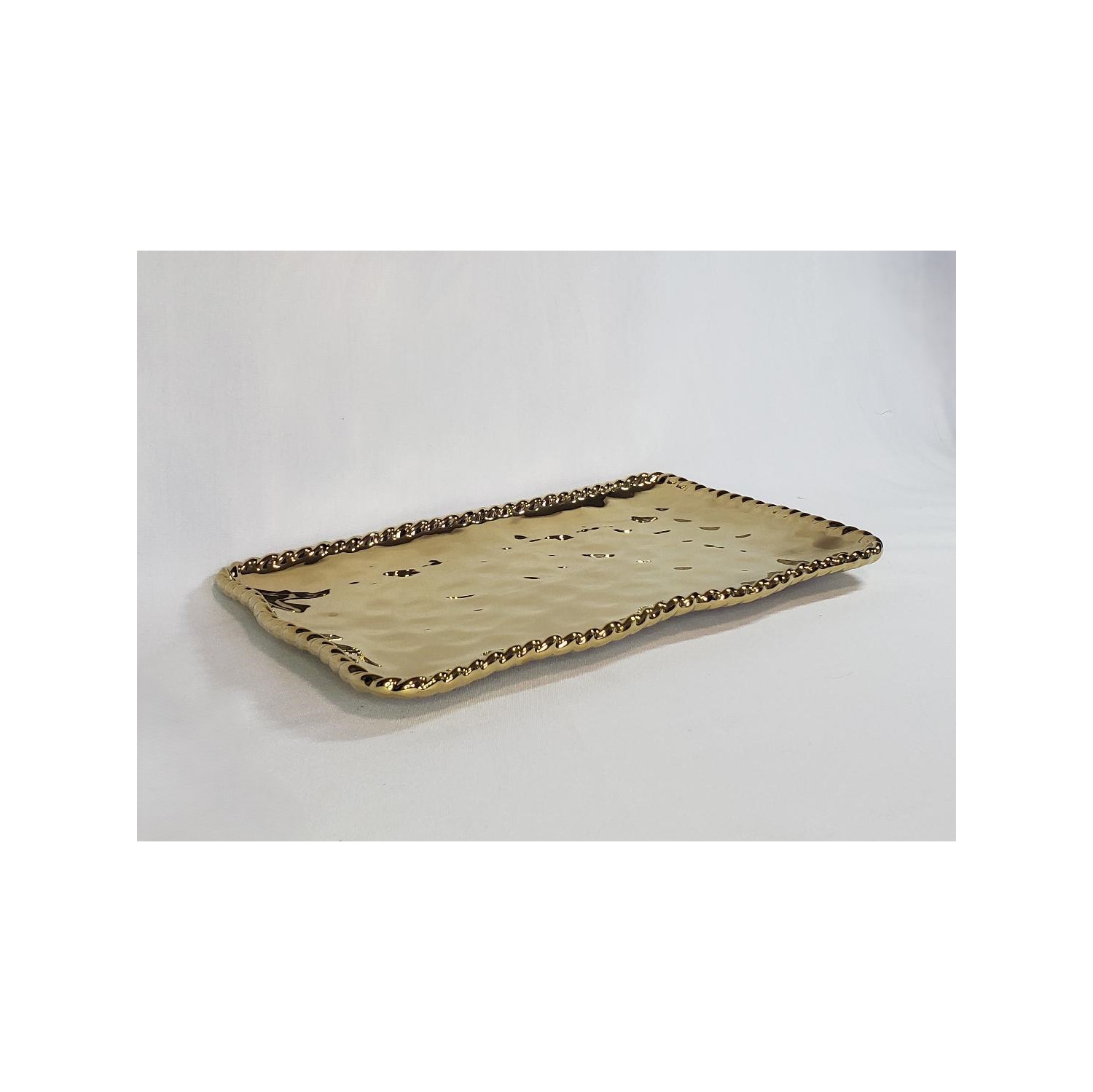 Gold Ceramic Serving Tray with Rope Accent Rim 14.25"