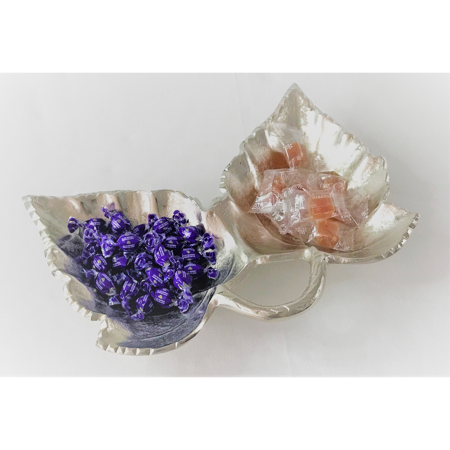 Double Maple leaves Nickel colour nuts tray 11.5 x 7.5 x 2"