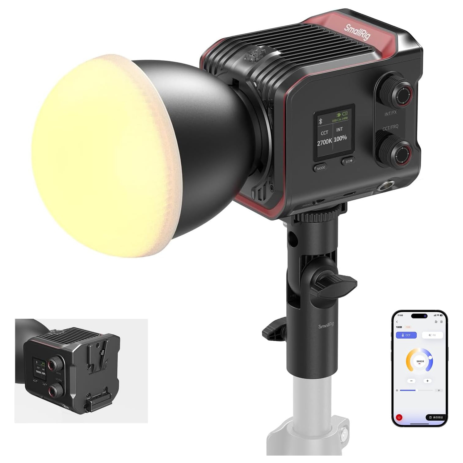 Remis à neuf - Lampe vidéo RC 100&nbsp;B COB de SMALLRIG, lampe vidéo bicolore 2700K à 6500K, chargement rapide PD de type C
