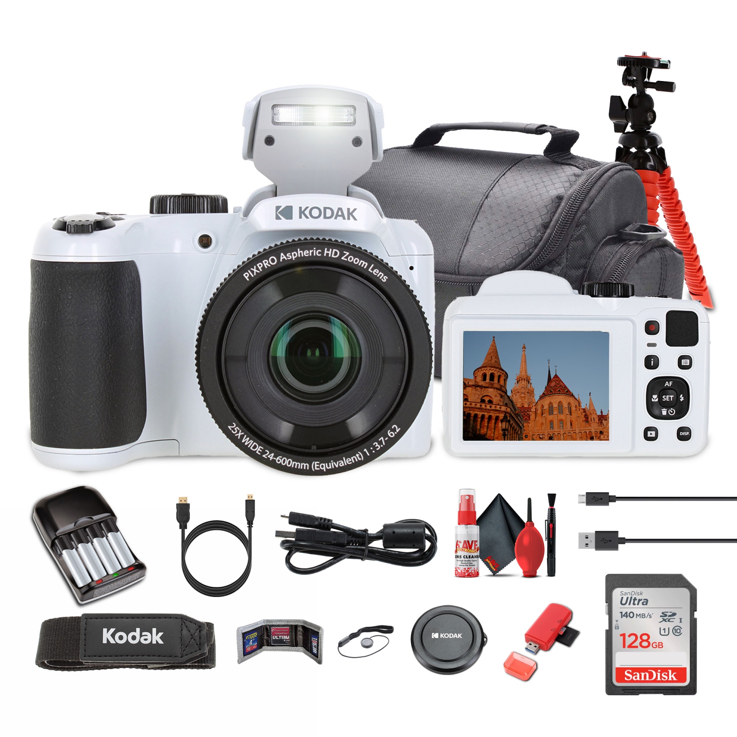 Kodak Pixpro AZ255 Digital Camera in White Bundle with Accessories