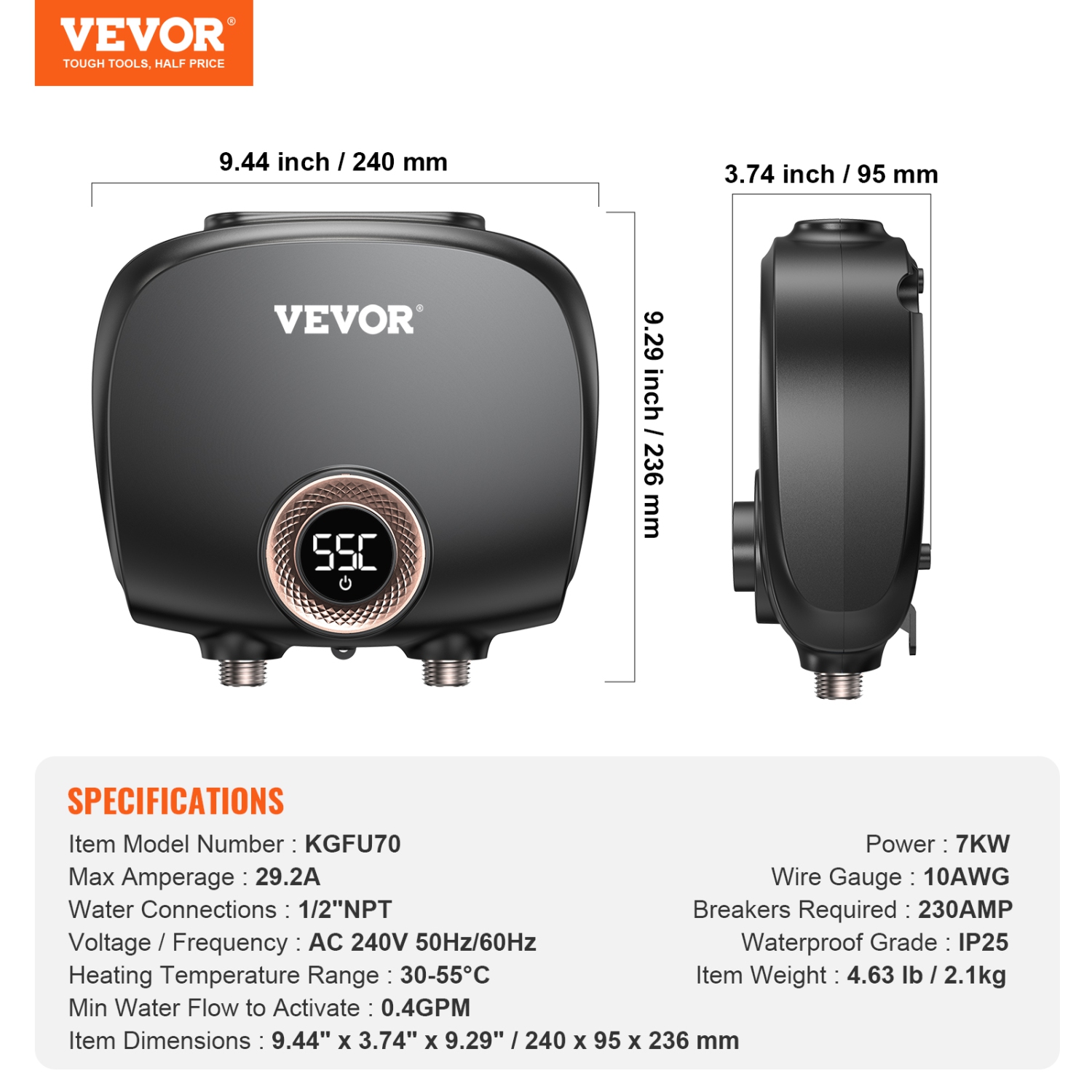 VEVOR Tankless Water Heater Electric, 7kw On Demand Instant Under Sink Water Boiler, Digital Temperature Display & Easy Installation & 24-Hour Water