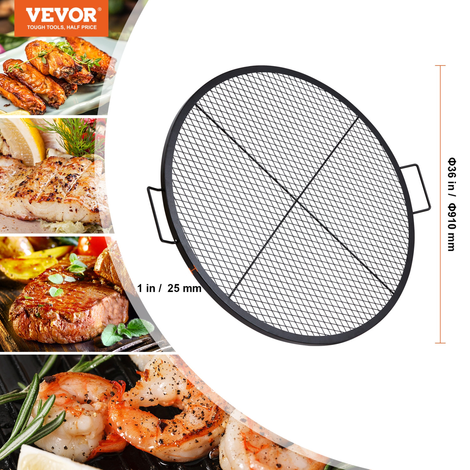 VEVOR X-Marks Fire Pit Grill Grate, Round Cooking Grate, Heavy Duty Steel Campfire BBQ Grill Grid with Handle and Support X Wire, Portable Camping