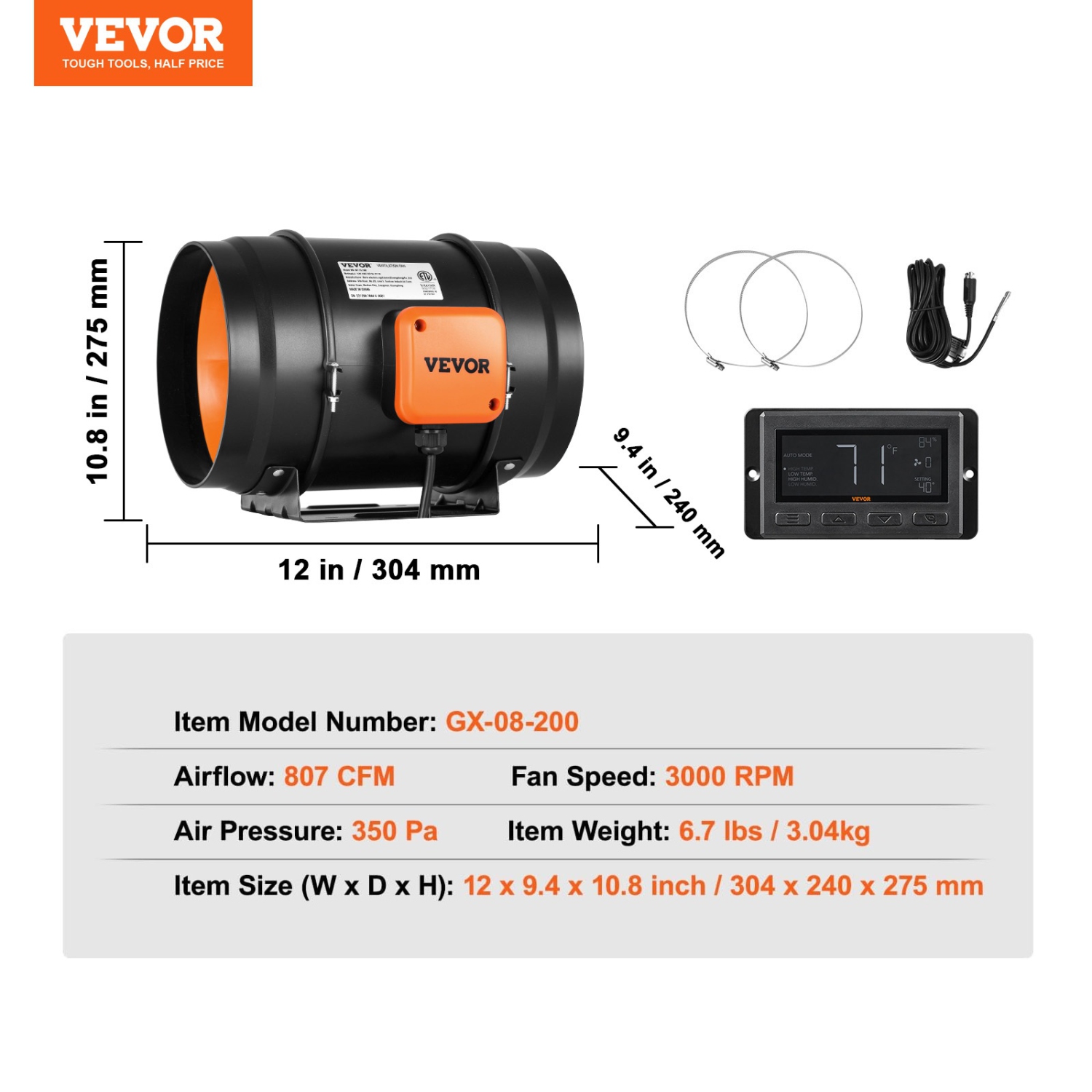 VEVOR Inline Duct Fan, 8-Inch 807 CFM with Temperature Humidity Controller, Quiet EC-motor Ventilation Exhaust Fan for Cooling Booster, Grow Tents,