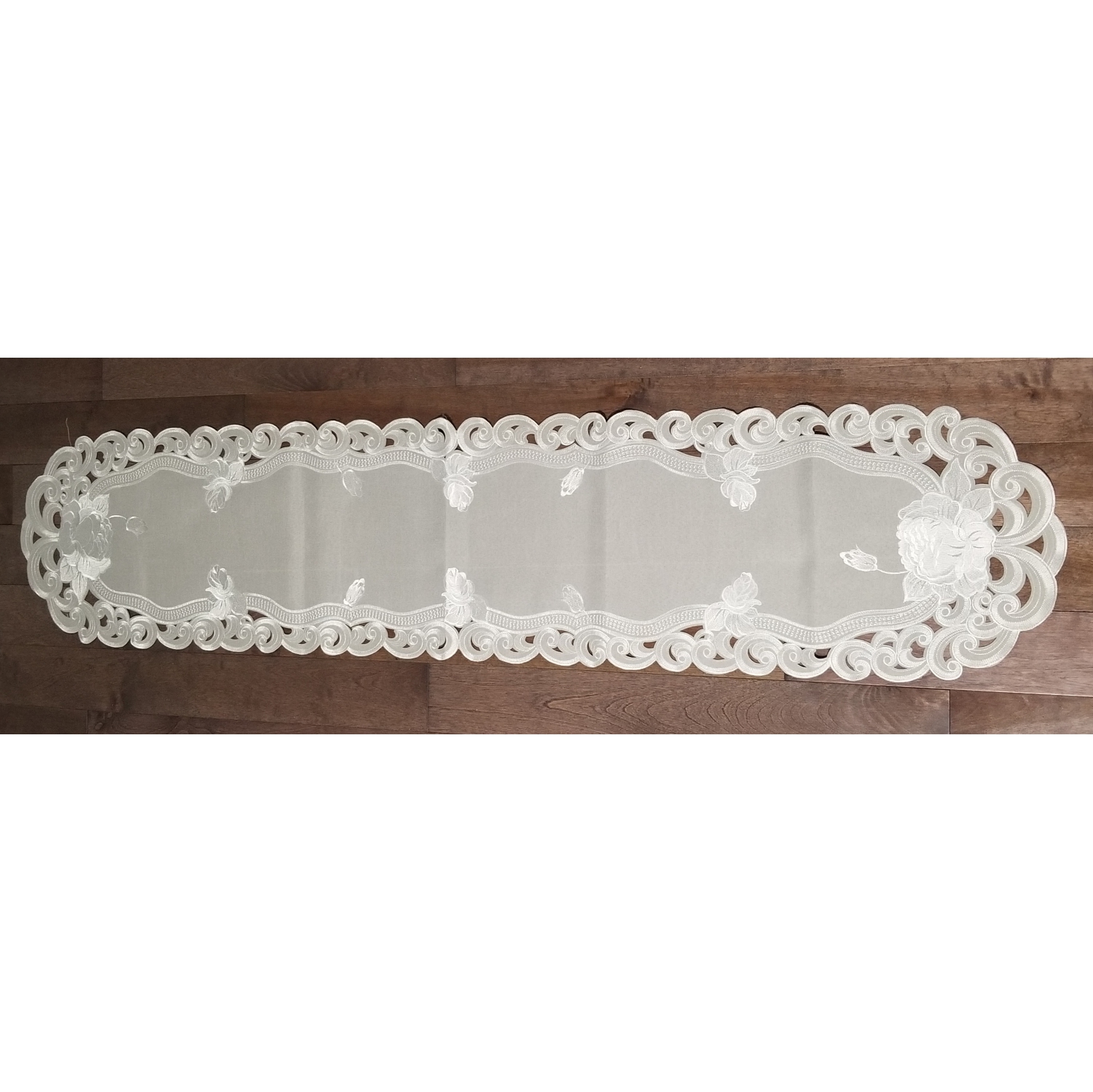 Silver Rose Embroidered Cutwork Rectangular Table Runner, 16 by 69 inch Table Linen Decor, Water Resistance, Machine Wash safe
