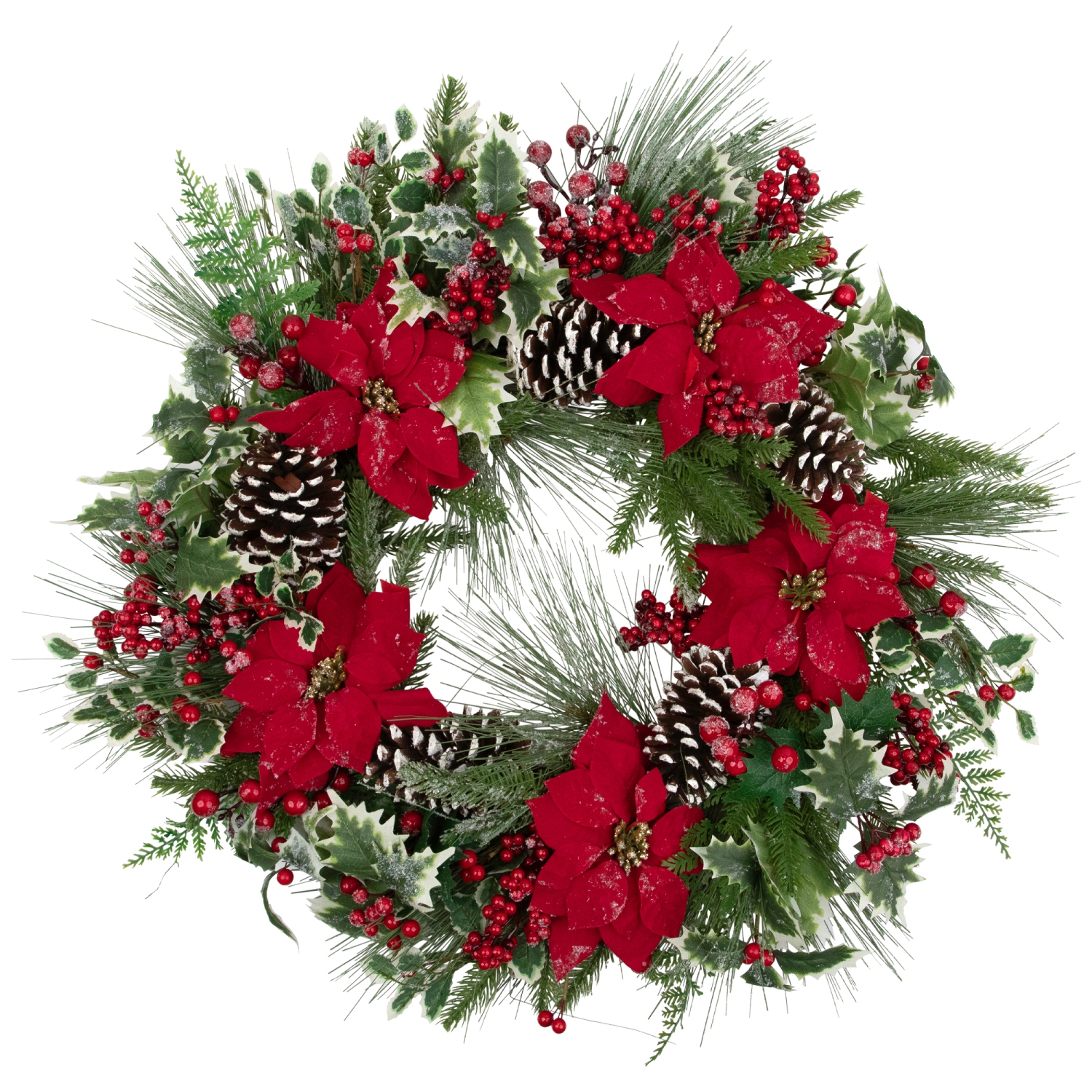 Poinsettia and Pinecone Mixed Pine Artificial Christmas Wreath - 30" - Unlit