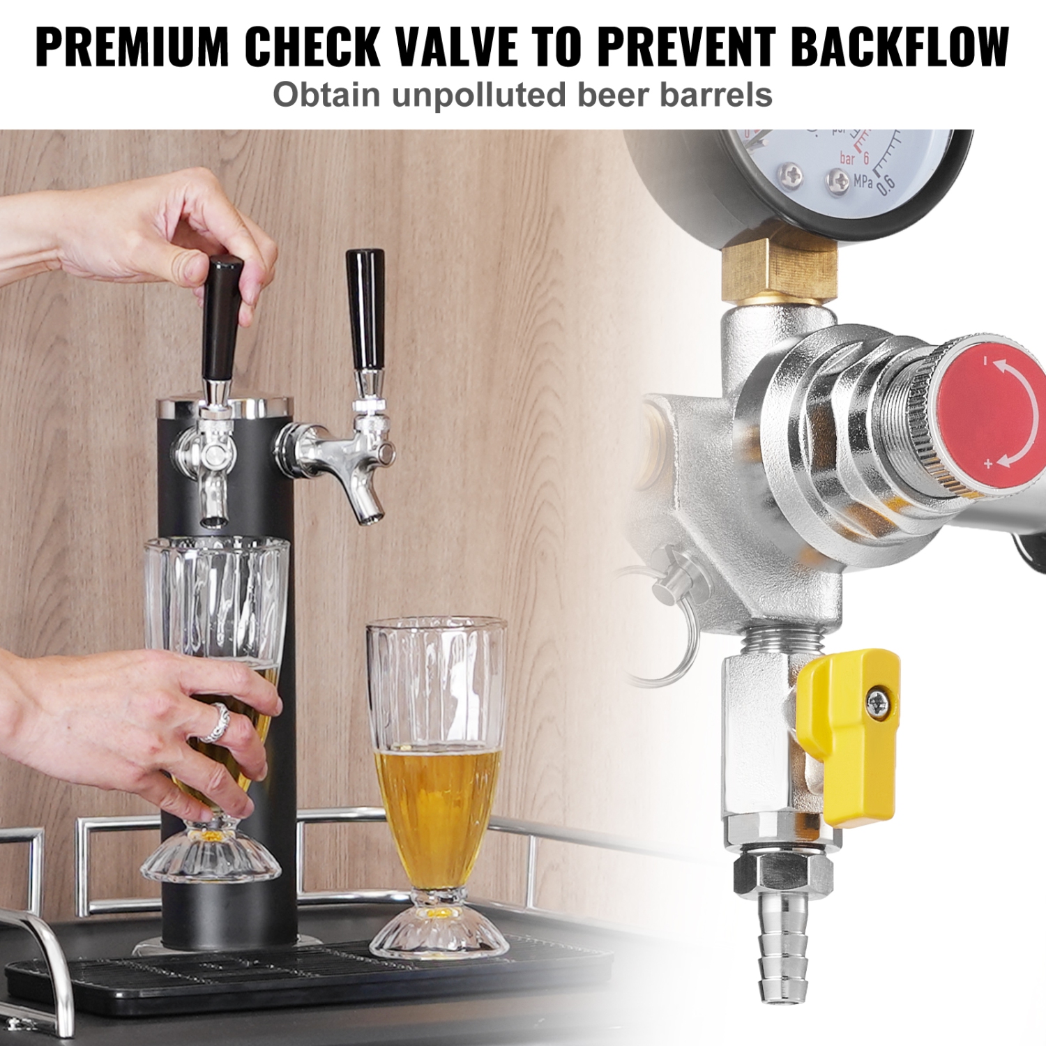 VEVOR 0-60PSI Triple Gauge Regulator, CO2 Regulator Gauge,CO2 Gauge Gas System, Draft Beer Regulator with Check Valve, Adjustable Pressure Regulator